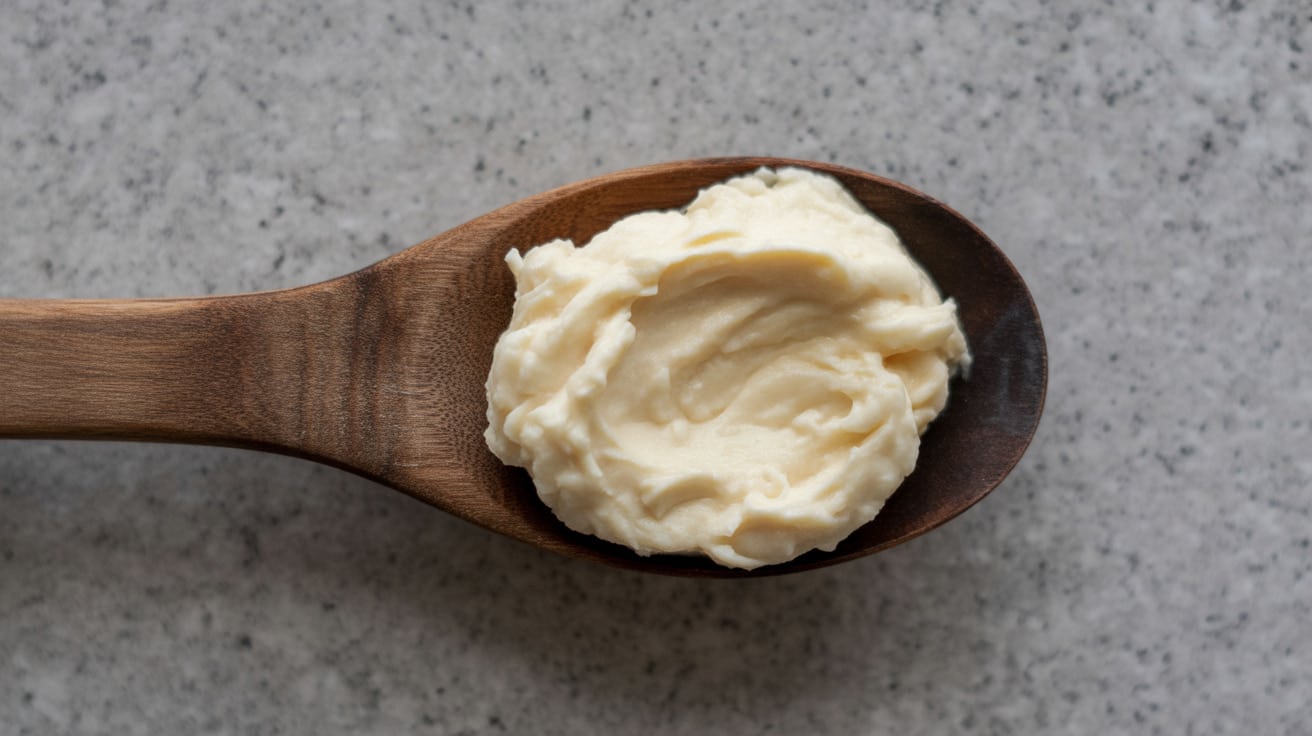Wooden spoon holding a scoop of white lard on a light speckled countertop in a close-up overhead view