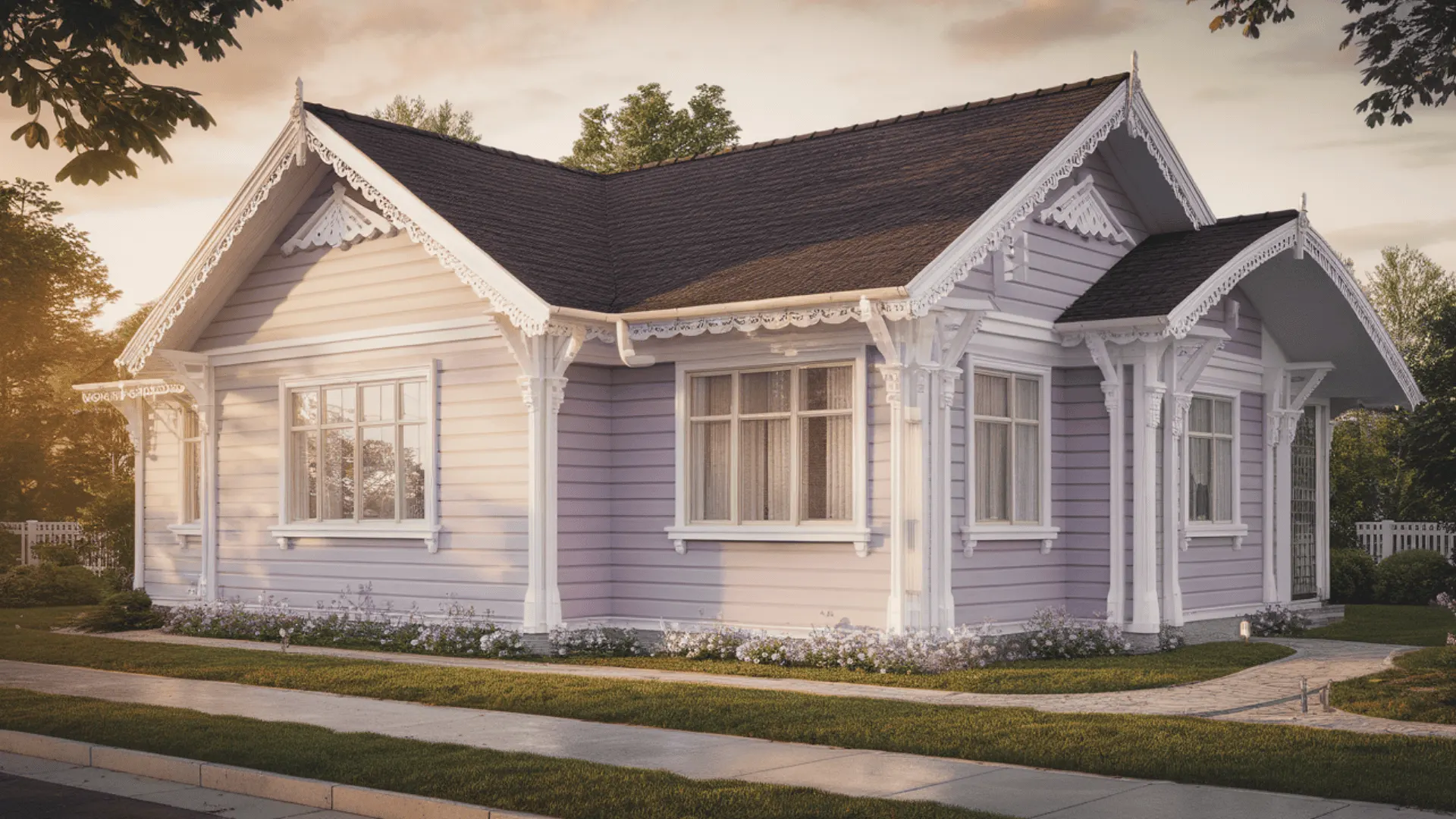 Soft lavender house exterior with white trim and gabled roof