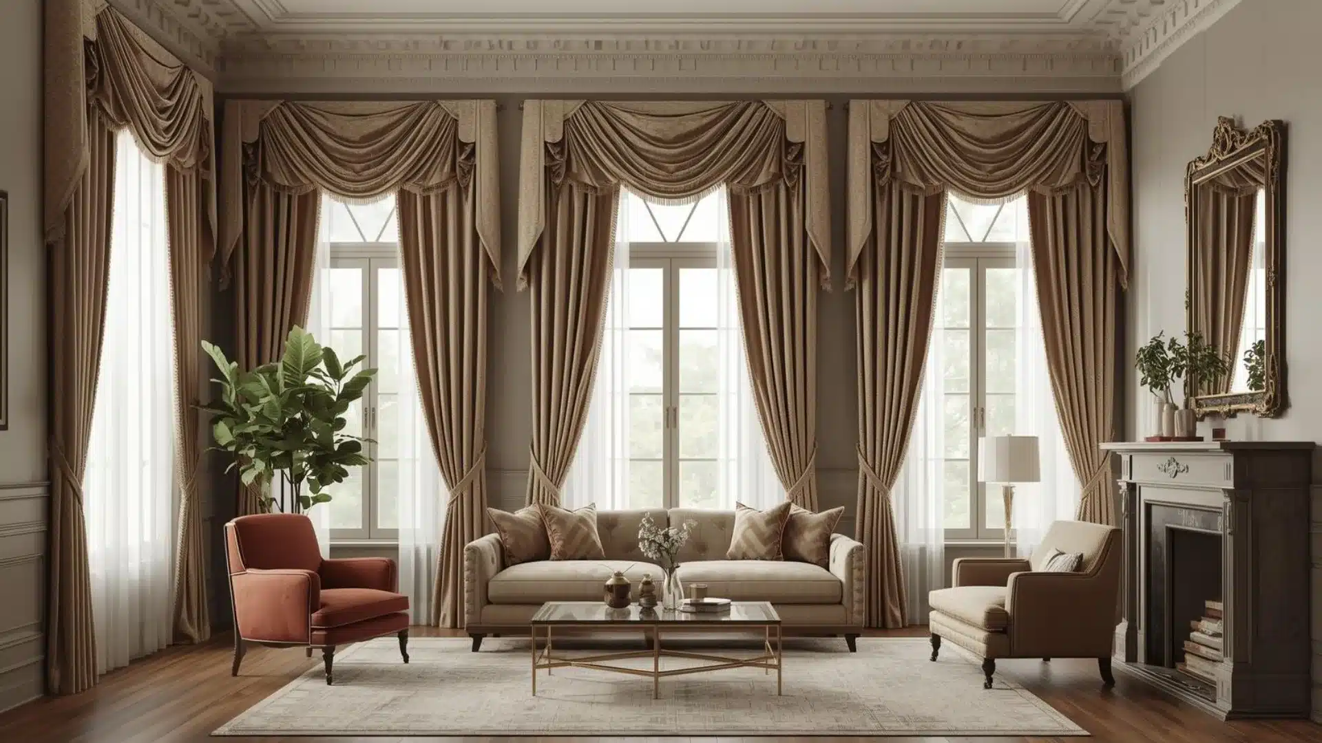 Modern Victorian living room with layered curtains, sheer panels, velvet drapes, and filtered natural daylight indoors.