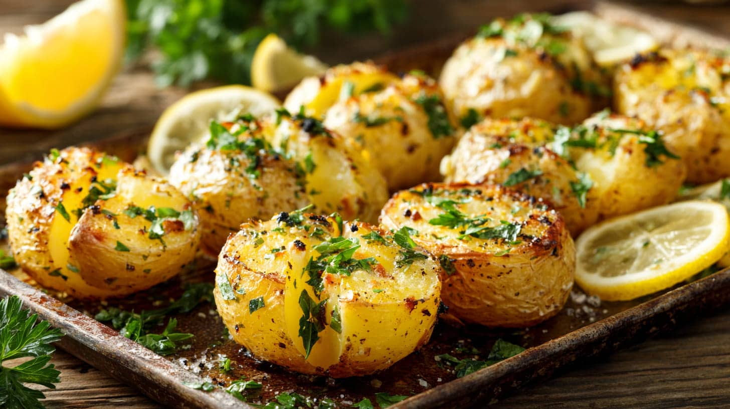 Lemon butter baked Yukon Gold potatoes with parsley on a warm rustic tray