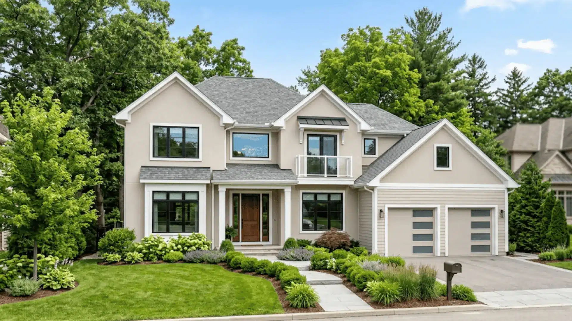 Light beige modern house exterior with white trim and landscaped yard<
