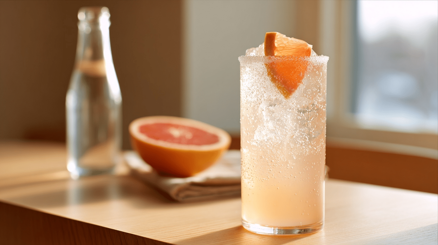 light tequila paloma cocktail with fresh grapefruit juice and soda water in a glass