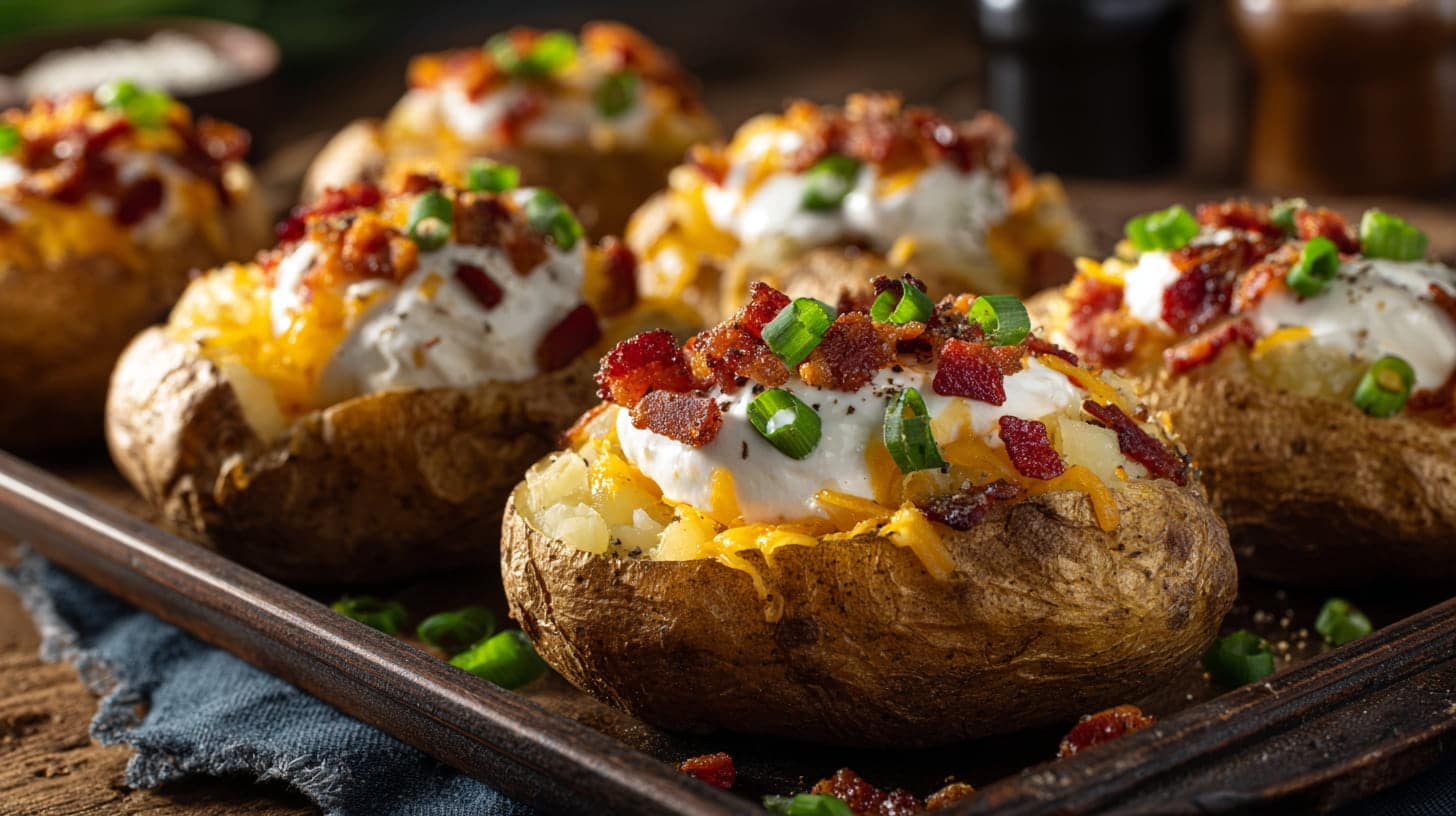 Loaded baked Yukon Gold potatoes with cheese, bacon, sour cream, and onion tops.