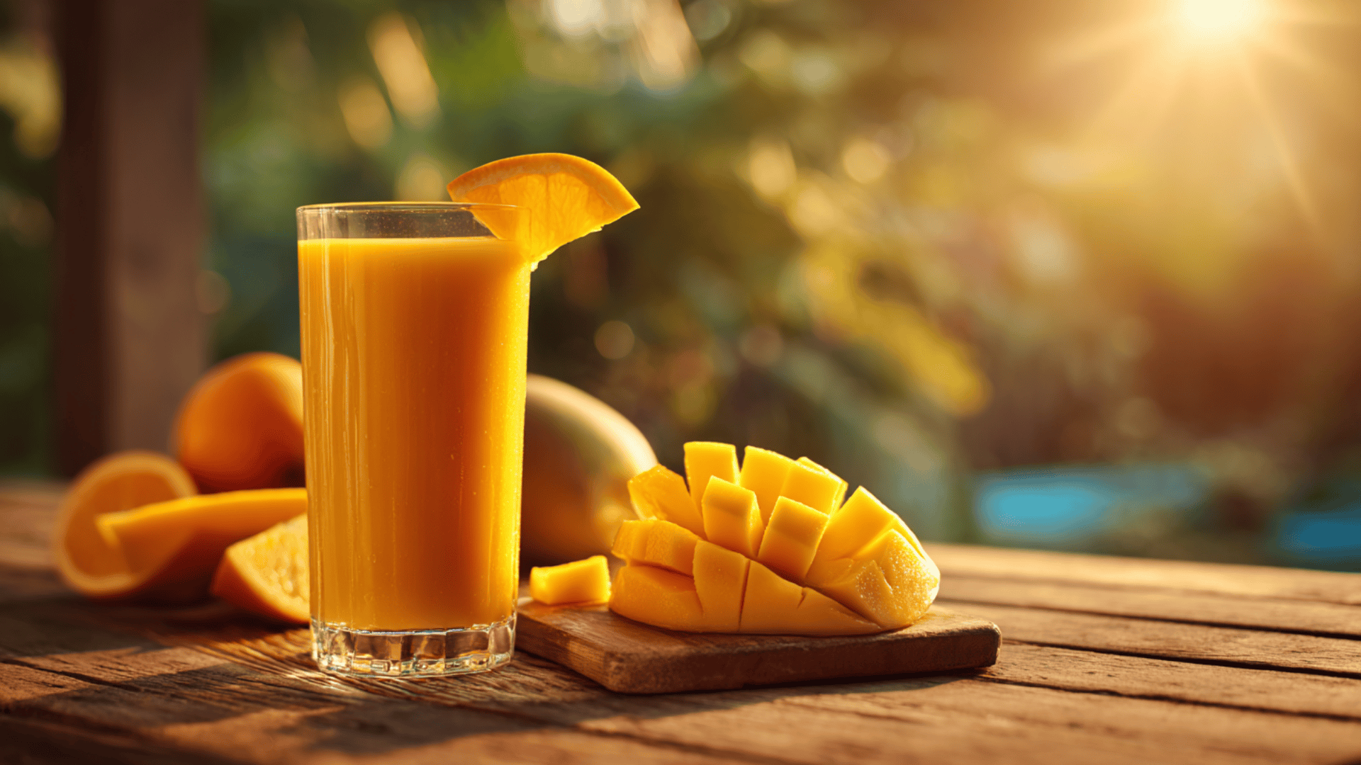 cold pressed mango orange sunshine juice in a glass with fresh mango slices thick cold pressed mango and orange juice with a splash of lemon