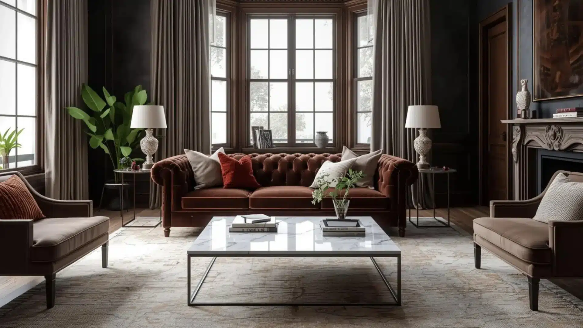 Modern Victorian living room with marble coffee table, dark wood furniture, velvet seating, and bright natural daylight indoors.