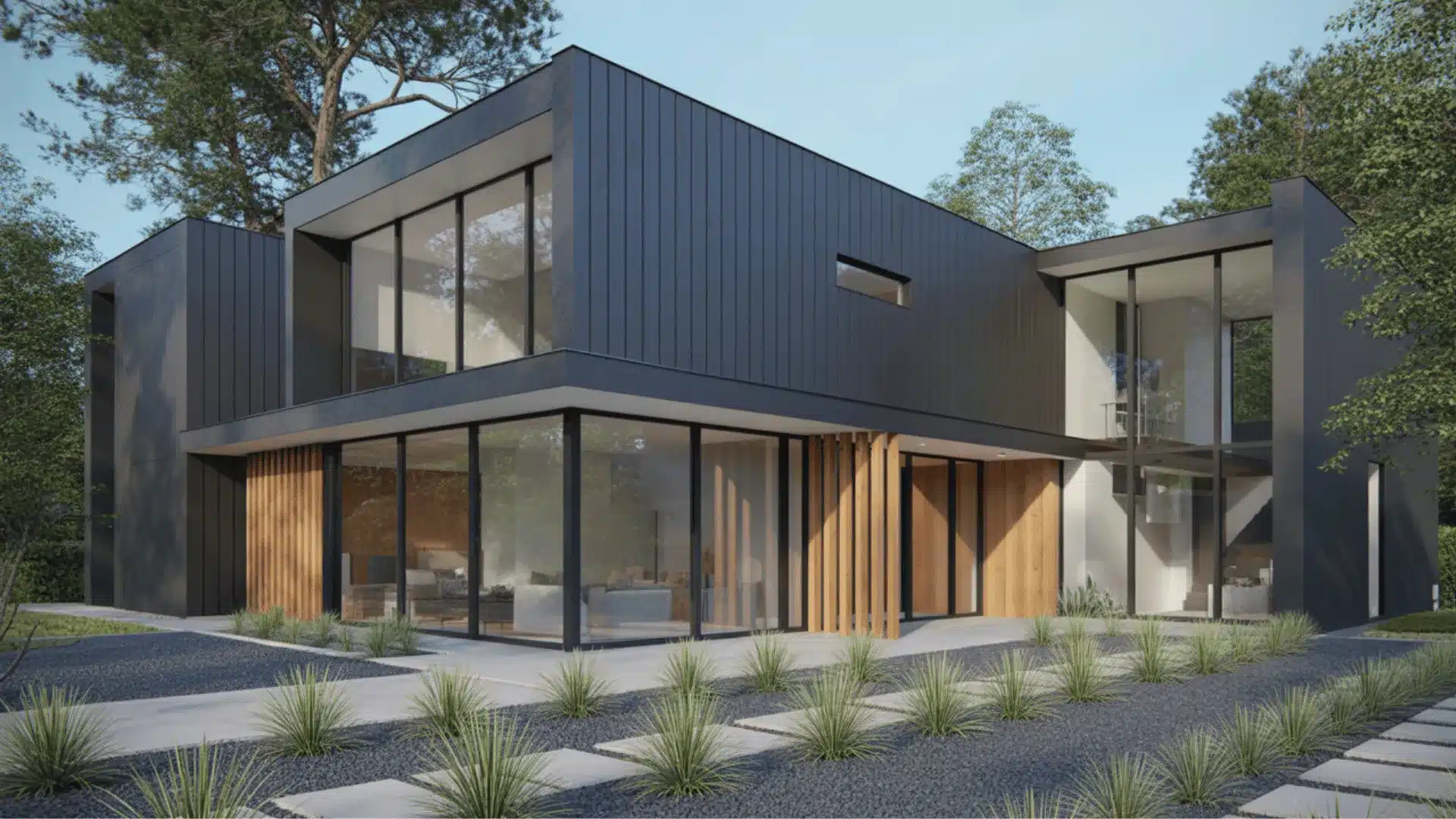 Matte black modern house exterior with large windows and wood accents