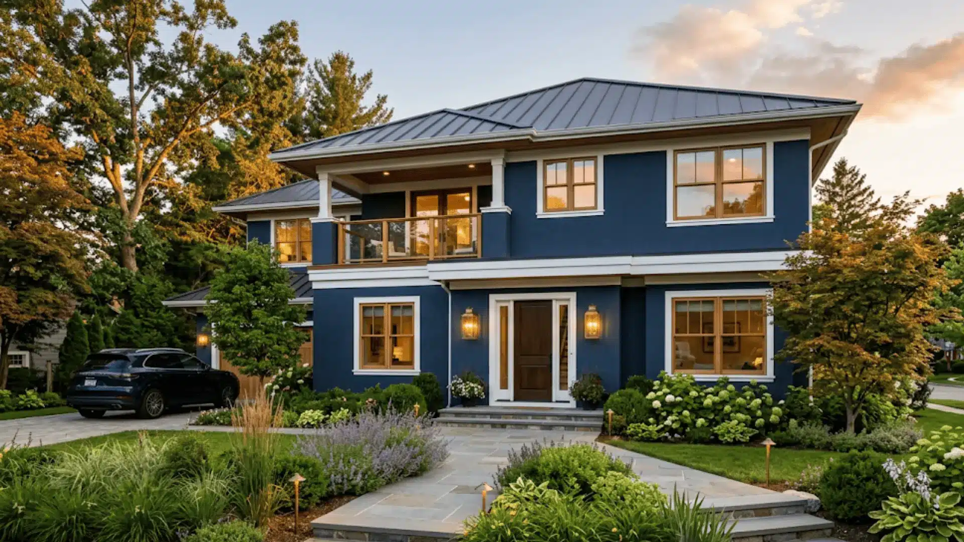 Midnight blue modern house exterior with white trim and garden landscaping