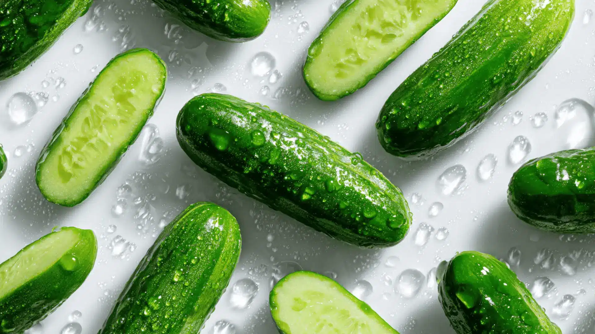 many mini cucumbers sprinkled with water kept on a table