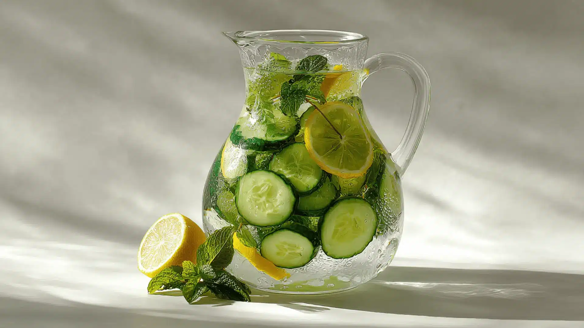 Glass pitcher of cucumber lemon infused water with fresh mint leaves and sliced cucumbers