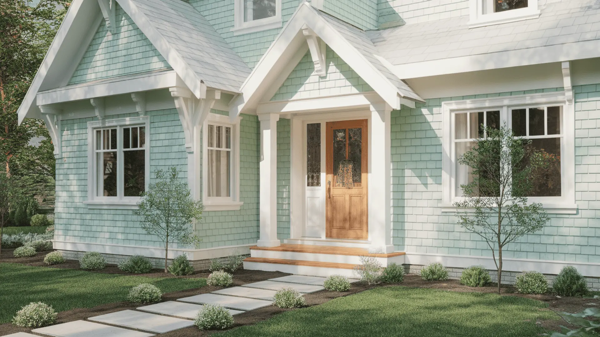 Mint green modern house exterior with white trim and landscaped yard
