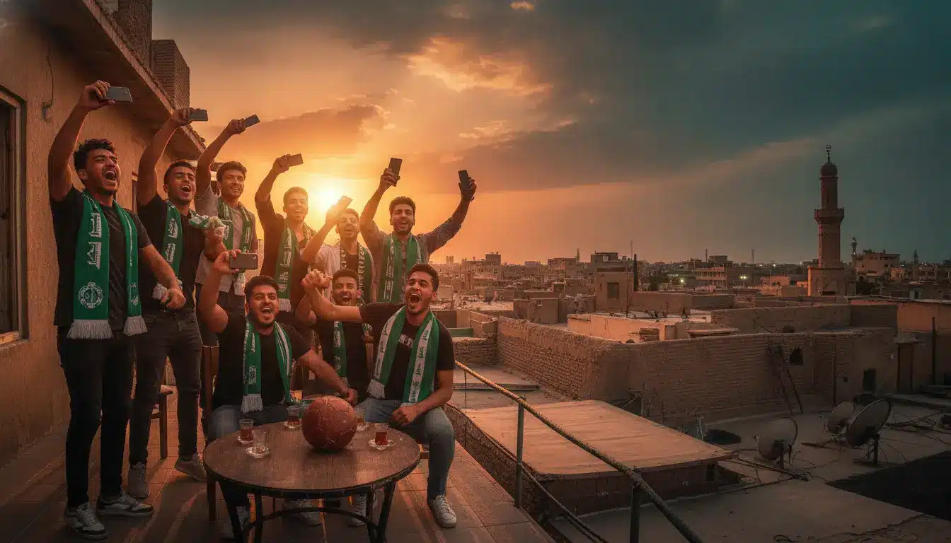 Group of men wearing green scarves cheering on rooftop at sunset