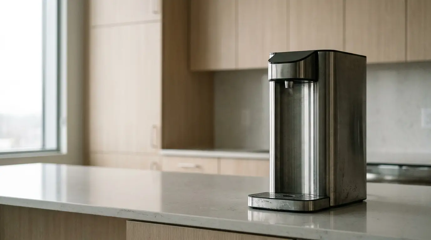 Stainless steel water dispenser on marble countertop in modern kitchen with light wood cabinets