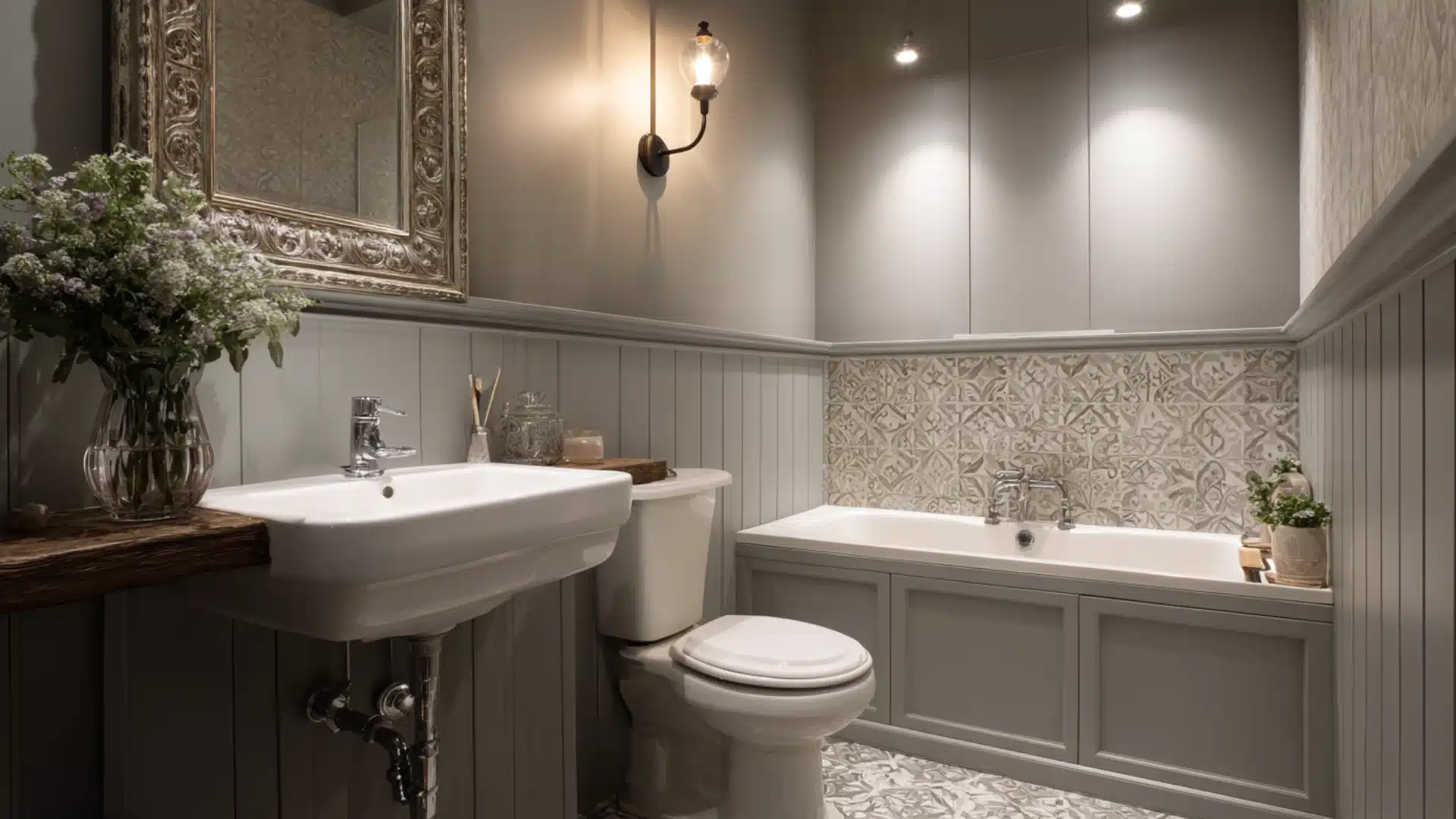 Modern Victorian bathroom with wainscoting, painted paneling, and warm light.