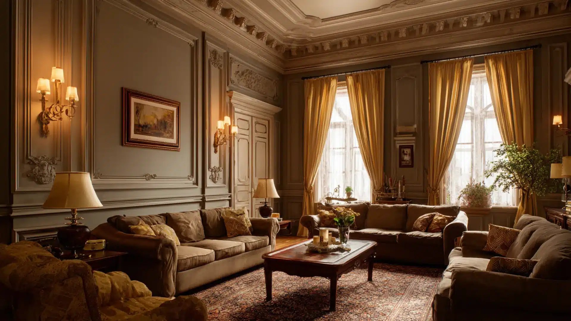 Modern Victorian living room with uplighting on moldings and tall ceilings.