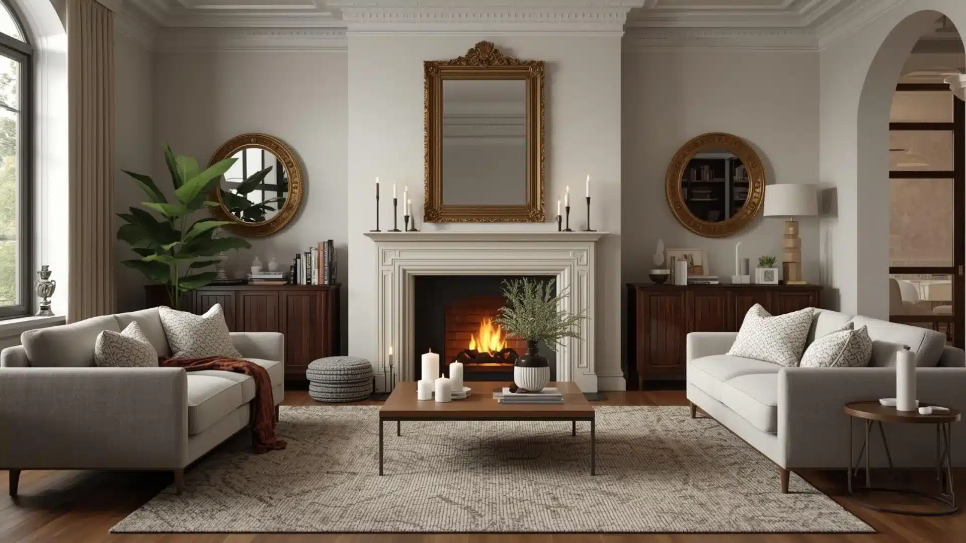 Modern Victorian living room with fireplace mantel, ornate mirror, candles, plants, and layered seating arrangement indoors.