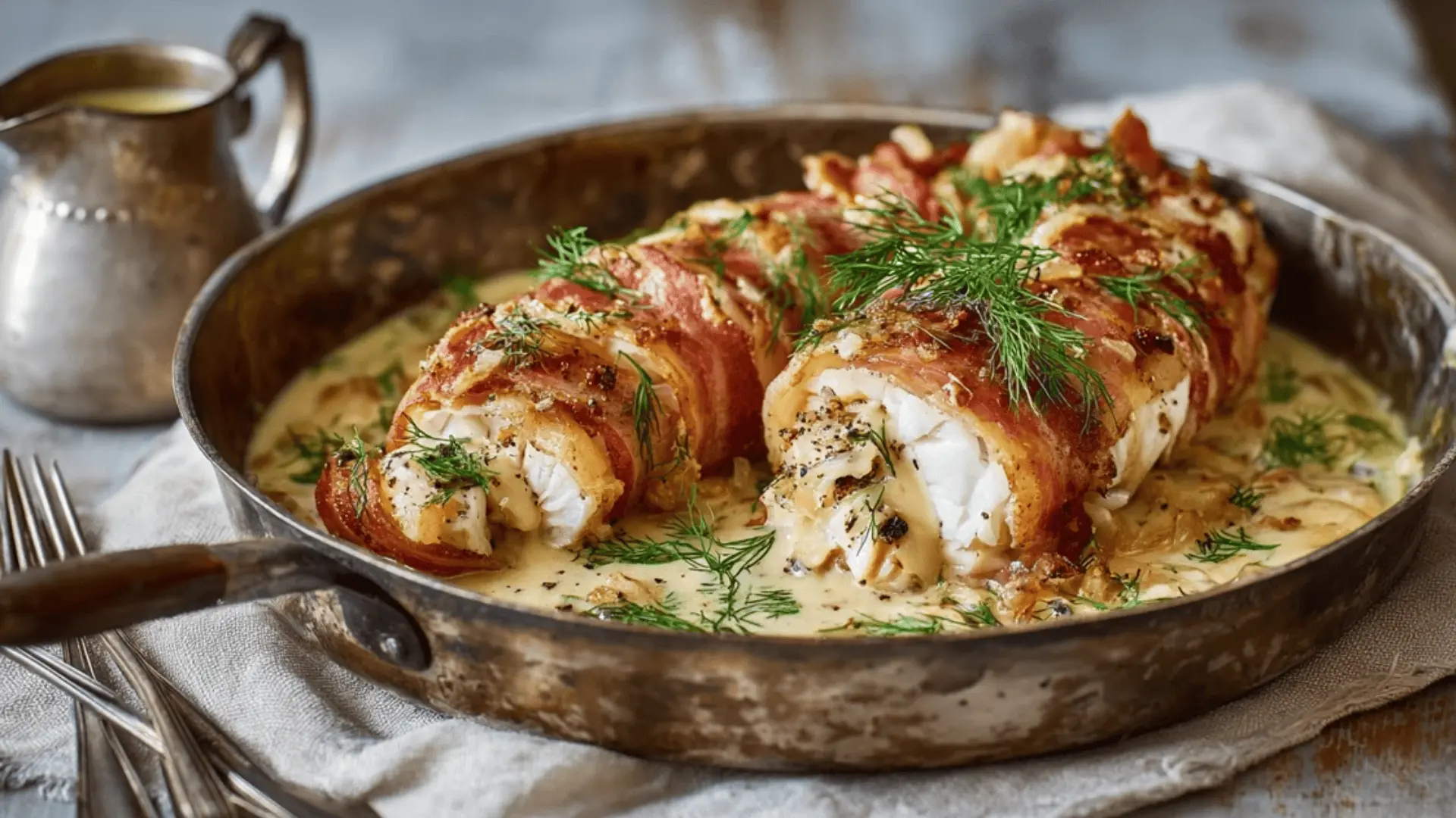 bacon-wrapped roasted monkfish in onion herb sauce, served in a rustic pan on a light beige background