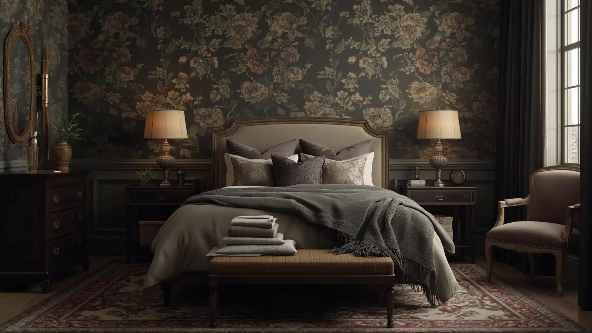 Modern Victorian bedroom with moody floral wallpaper, upholstered bed, warm lighting, and layered soft bedding indoors.