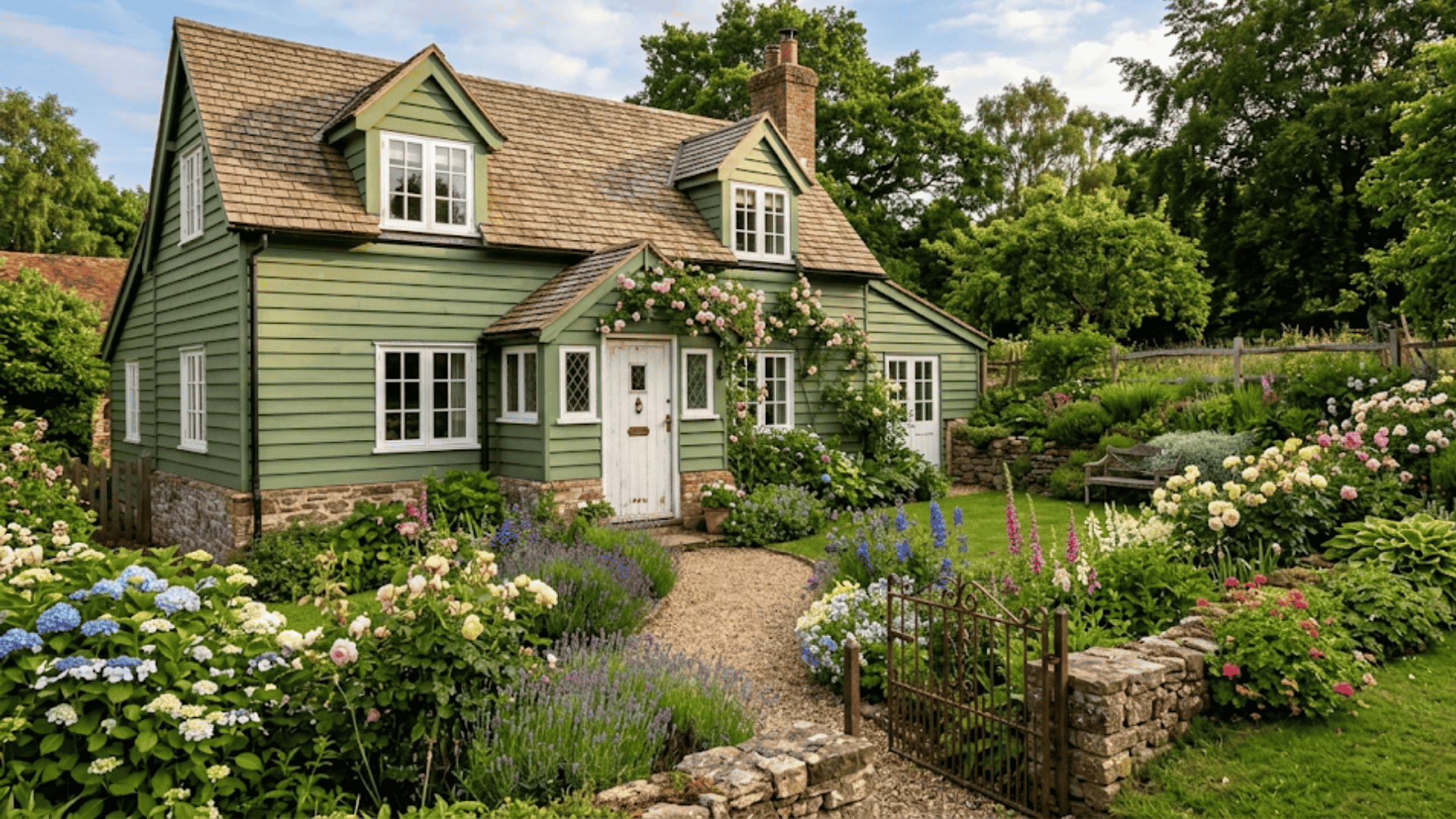 Moss green house exterior with white trim and garden landscaping
