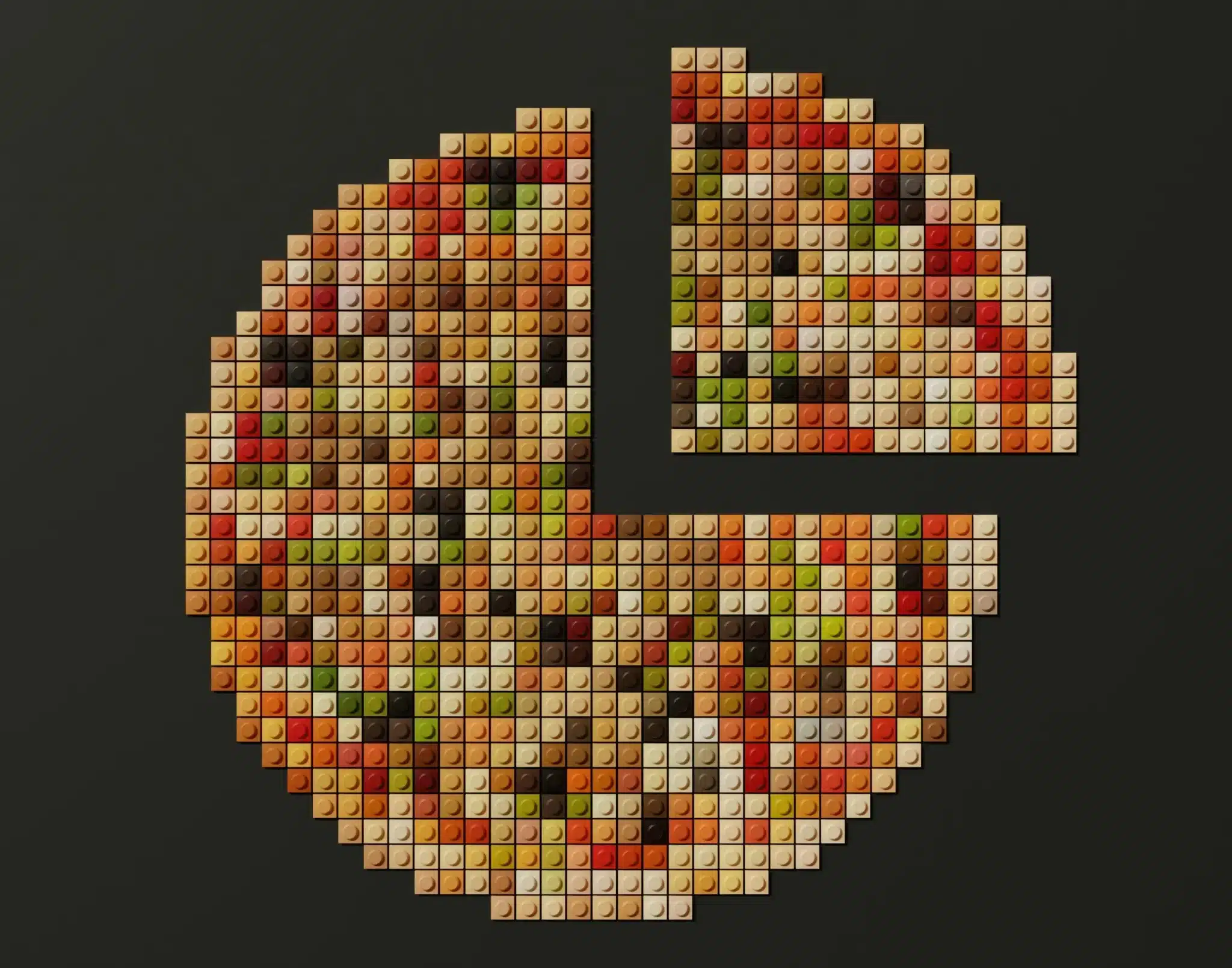 Pizza made of colorful LEGO blocks with a missing slice on dark background