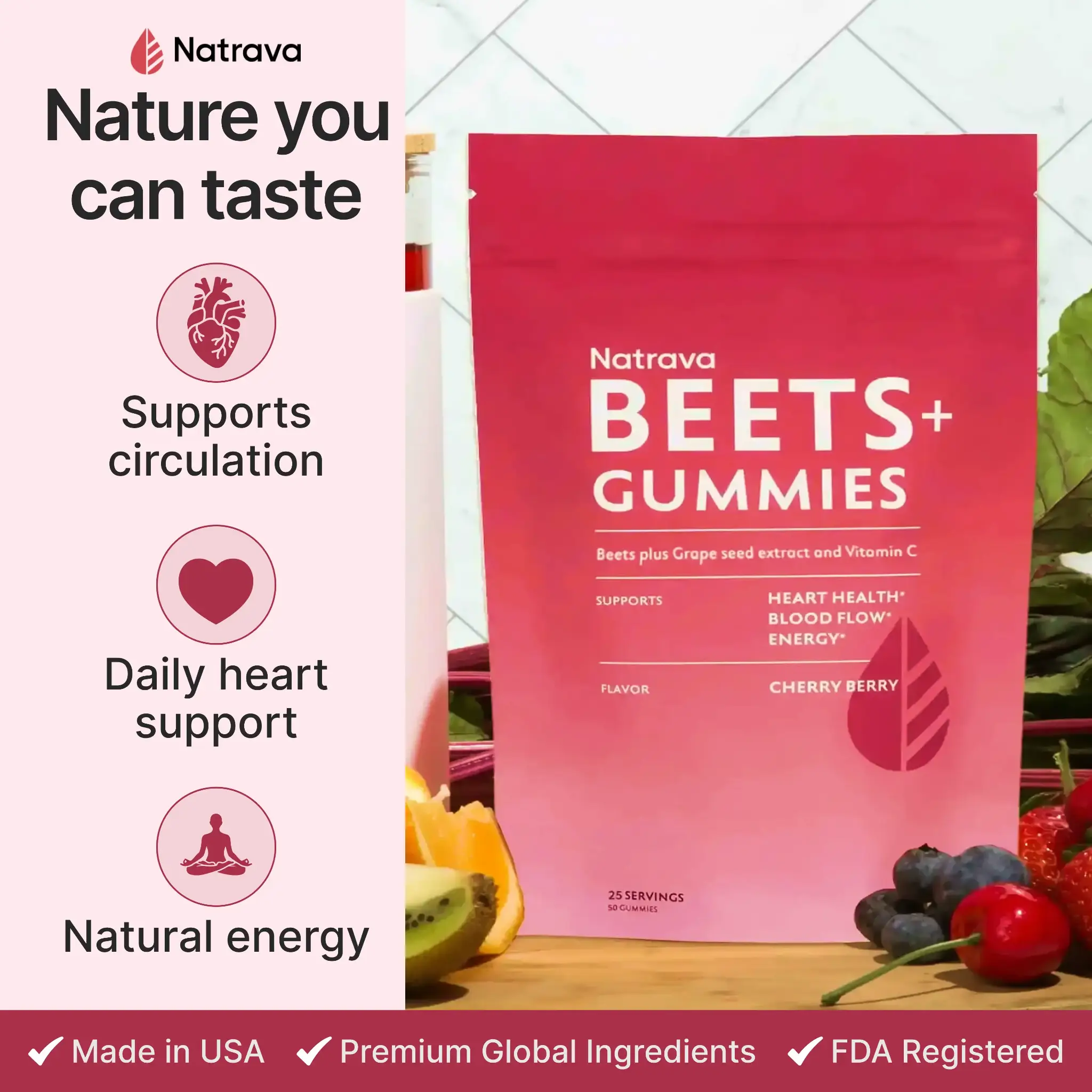 Red packaging of Beets+ Gummies on counter with assorted fruits and beet leaves