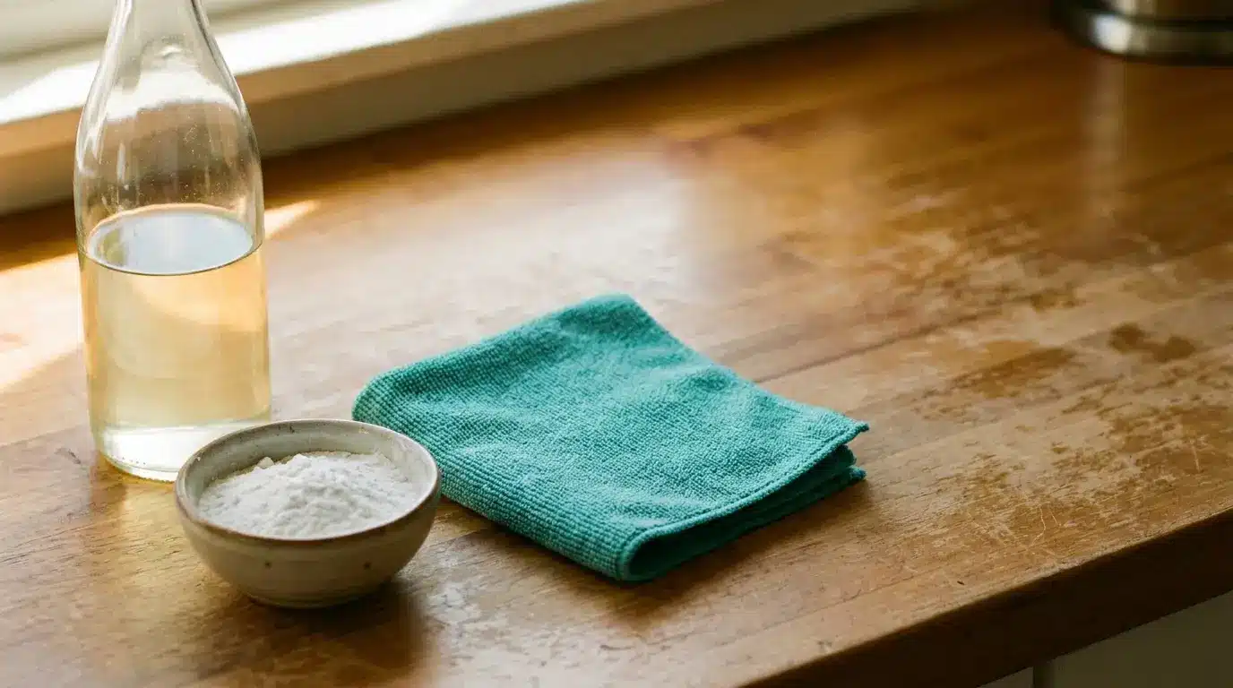 Bowl of white powder, glass bottle, and green cloth on wooden countertop