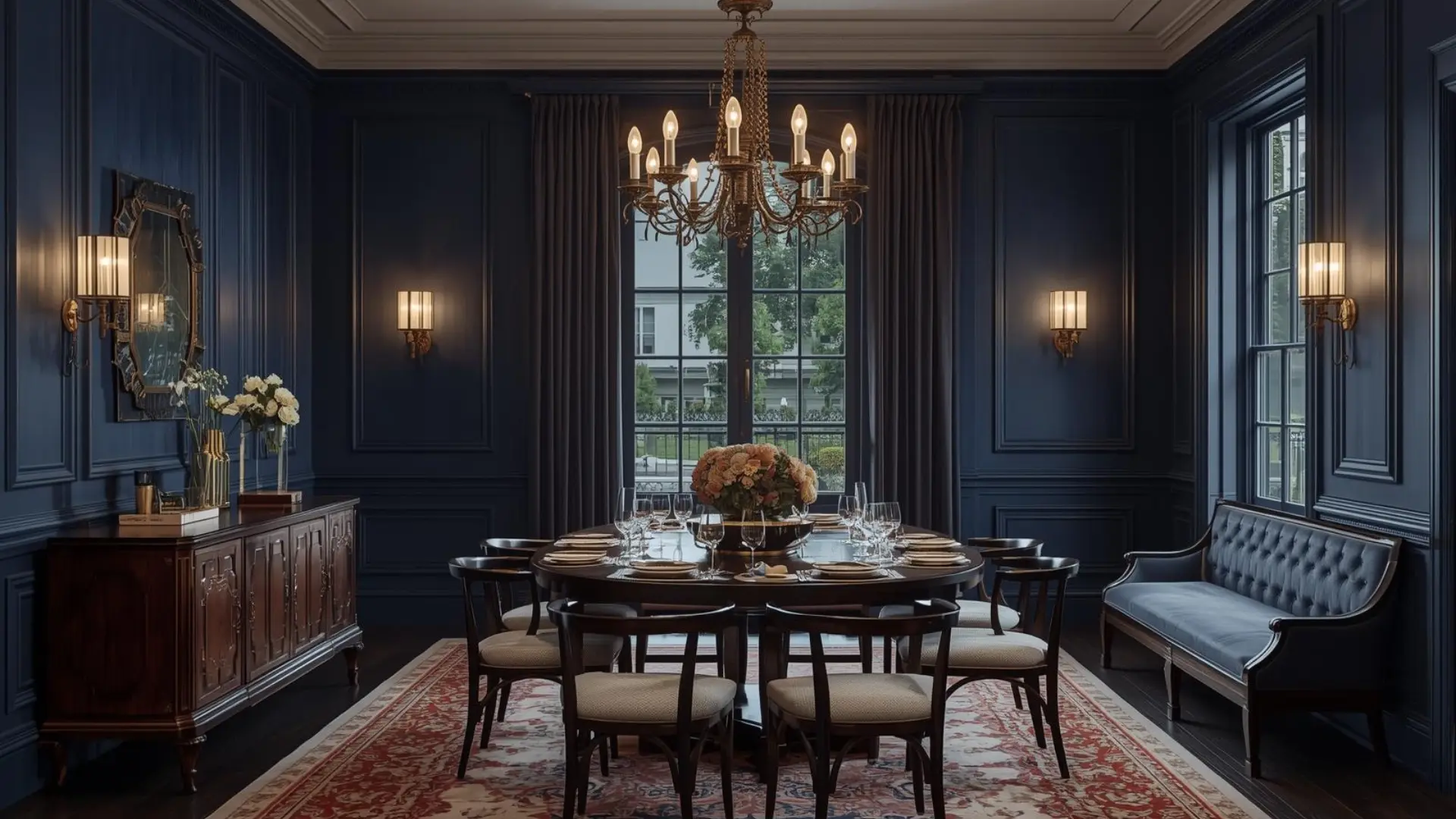 Modern Victorian interior with navy walls, brass lighting, dark wood details, elegant seating, and warm evening light indoors.