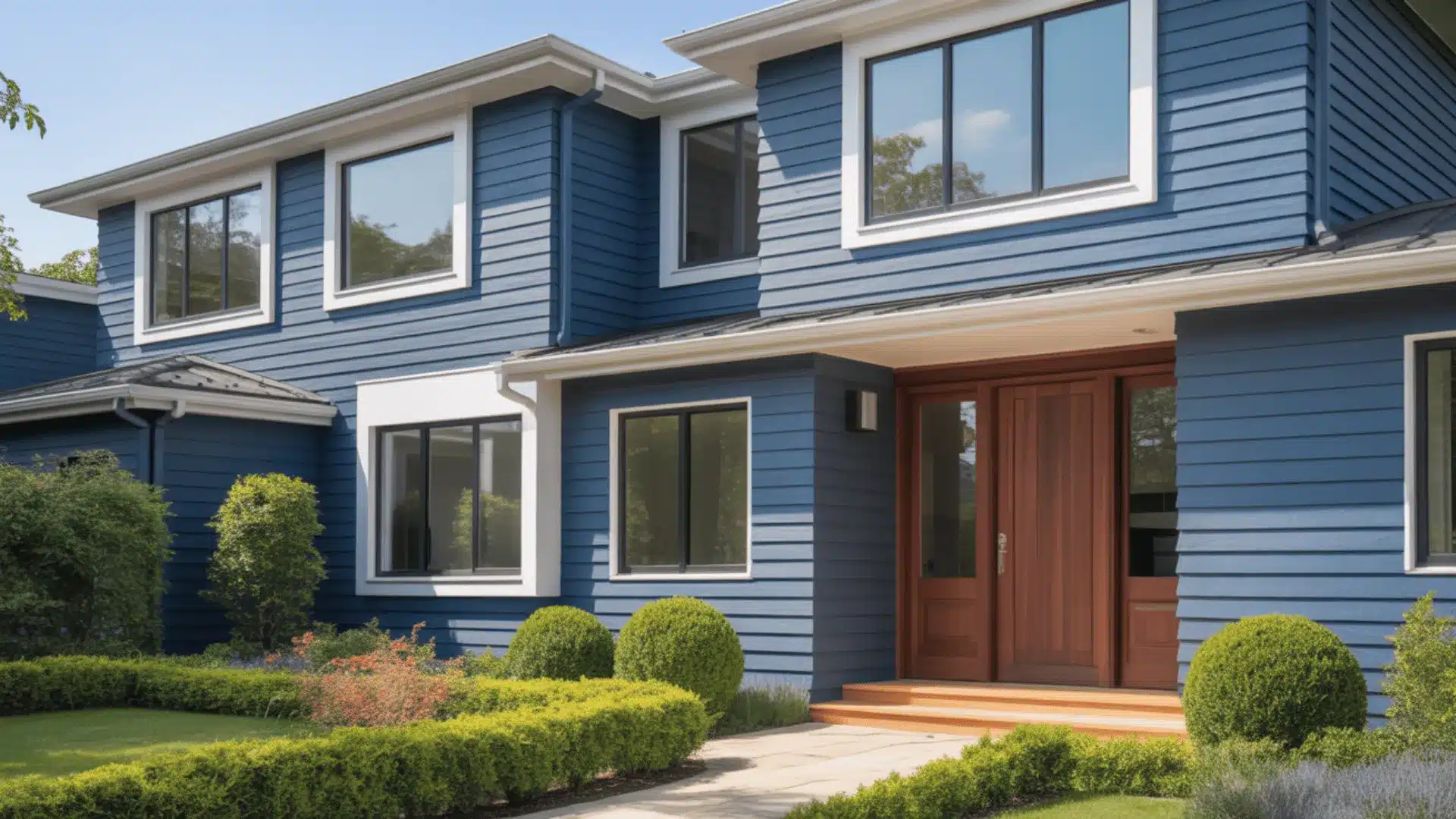 Navy blue modern house exterior with white trim and a wooden front door