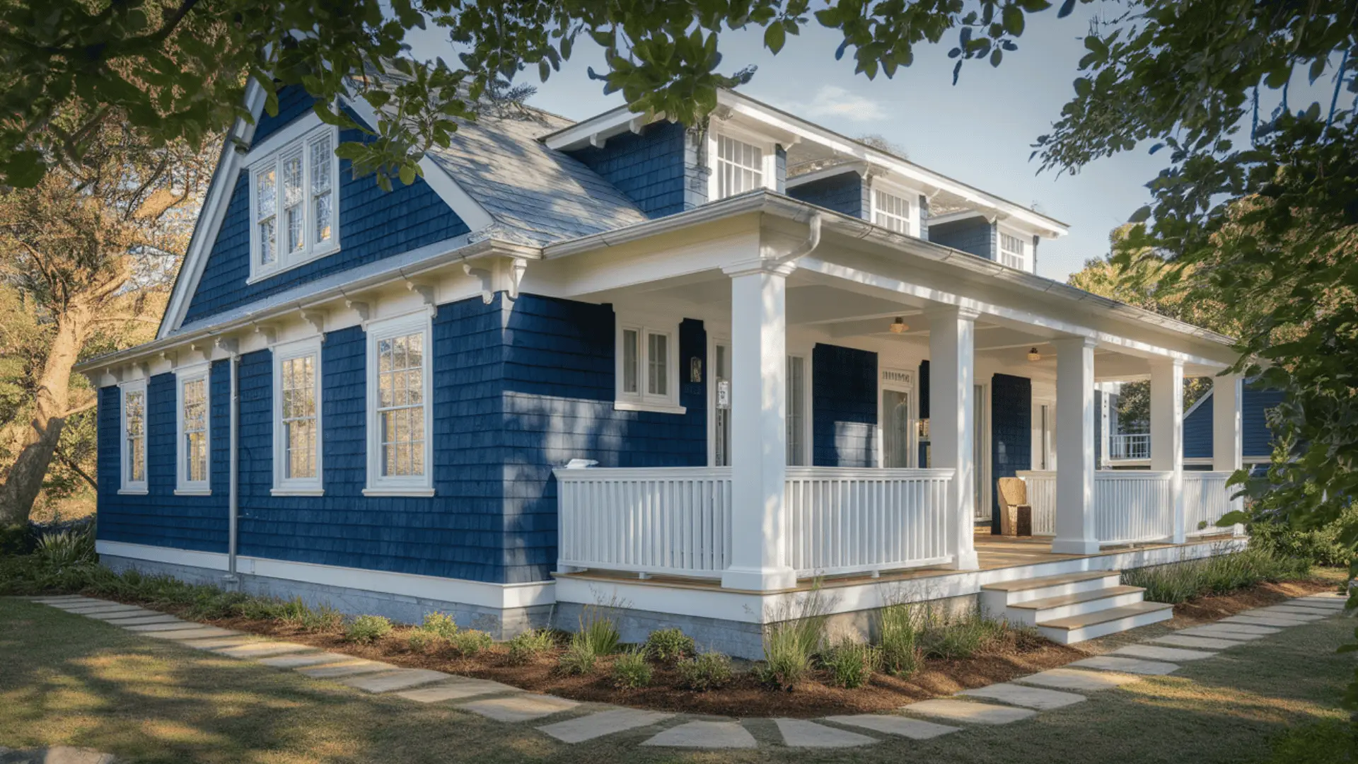 Navy blue house exterior with white trim and coastal style porch