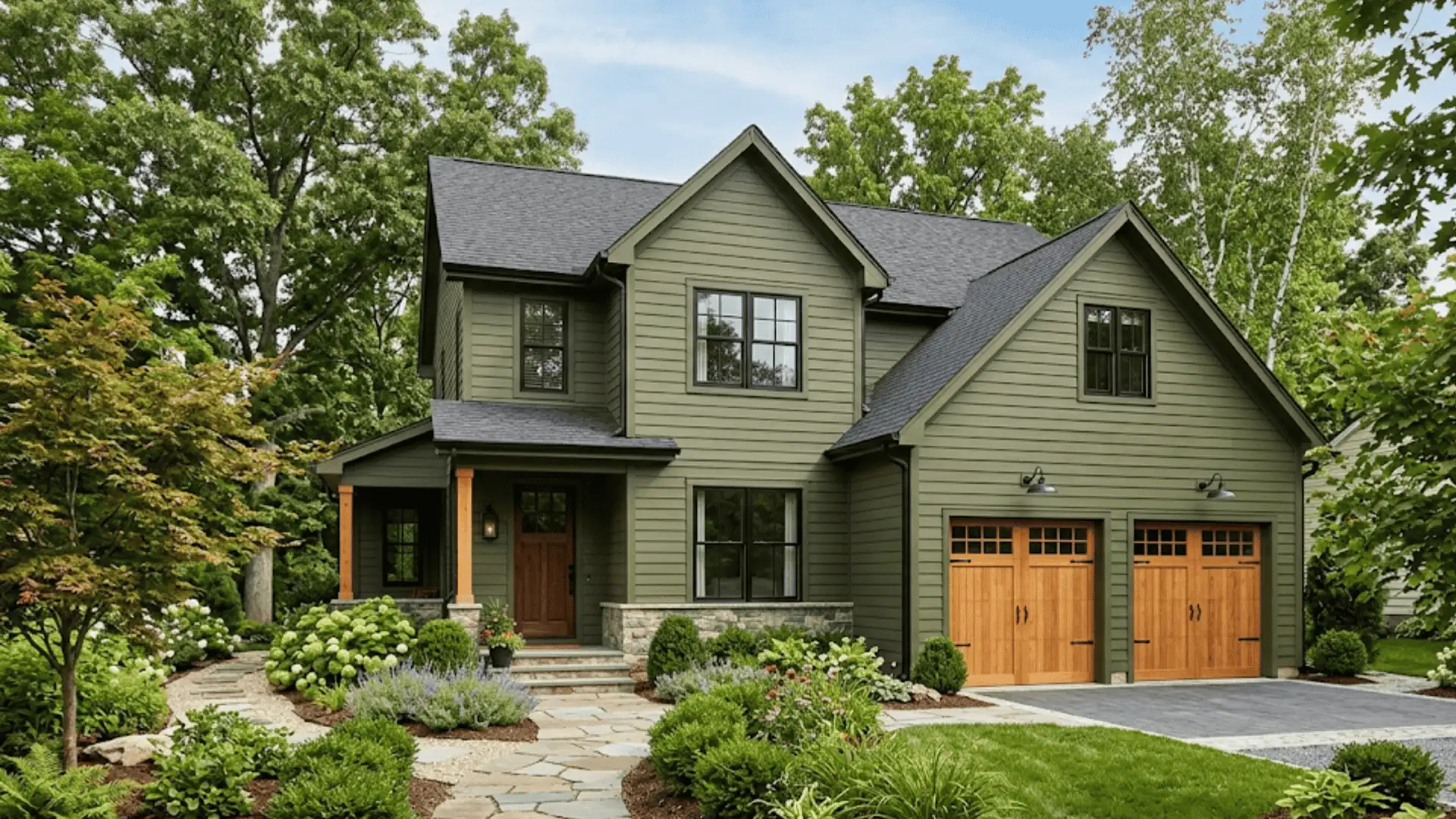 Olive green modern house exterior with black windows and landscaped yard