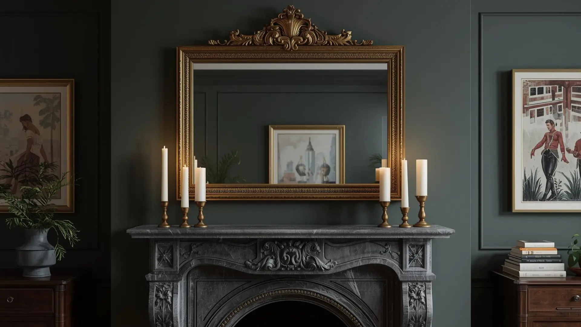 Modern Victorian fireplace with ornate gold mirror, detailed mantel, moody wall color, and soft layered room lighting indoors.