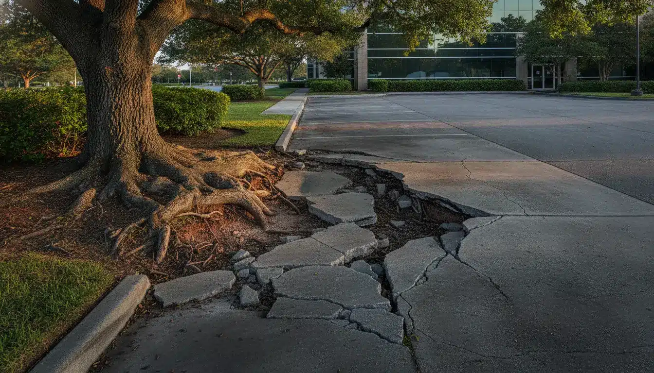 Tree roots disrupting concrete pavement next to an office building in sunlight
