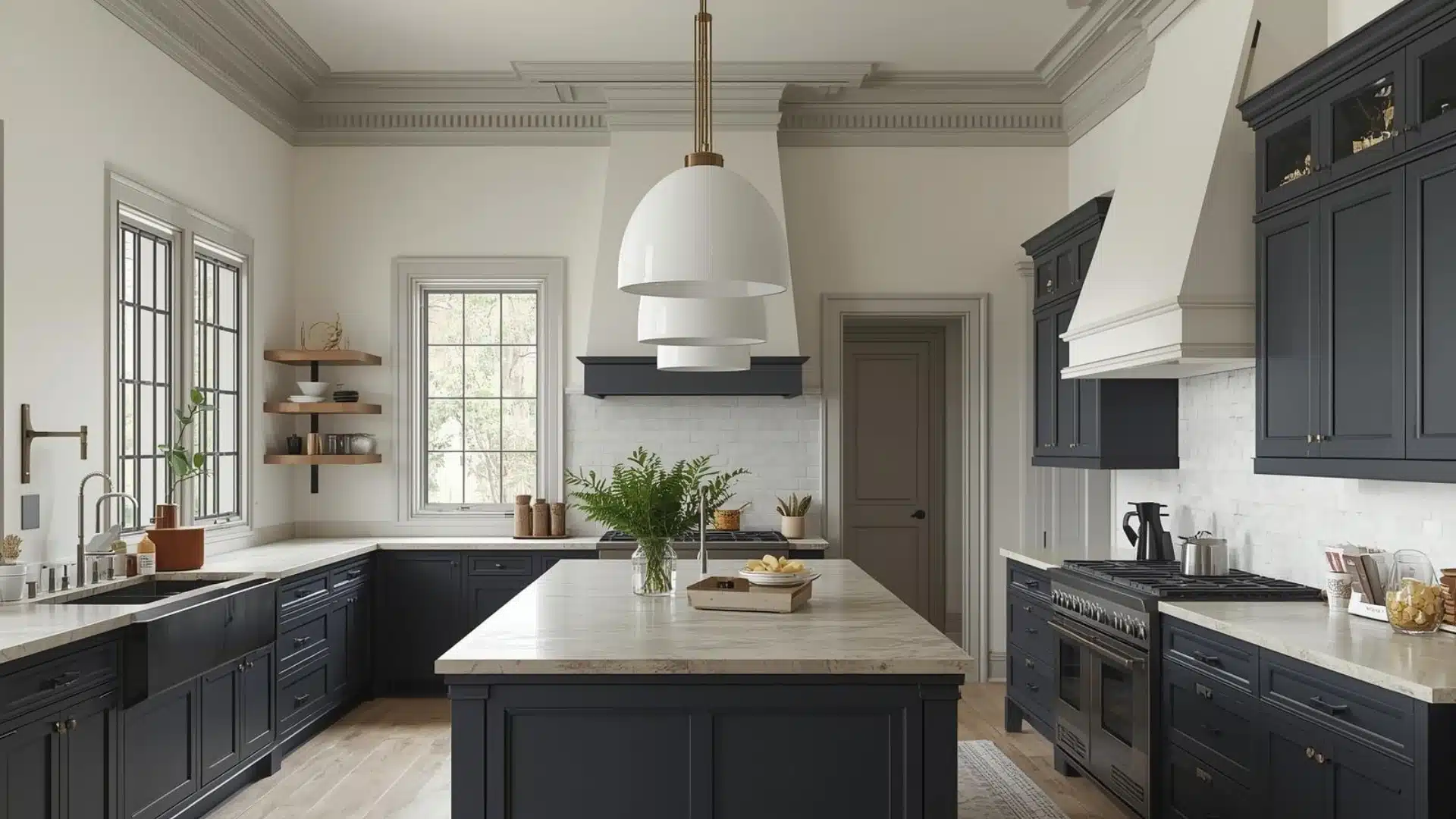 Modern Victorian kitchen with oversized pendant lights, tall ceilings, classic trim, and dark painted cabinetry indoors.