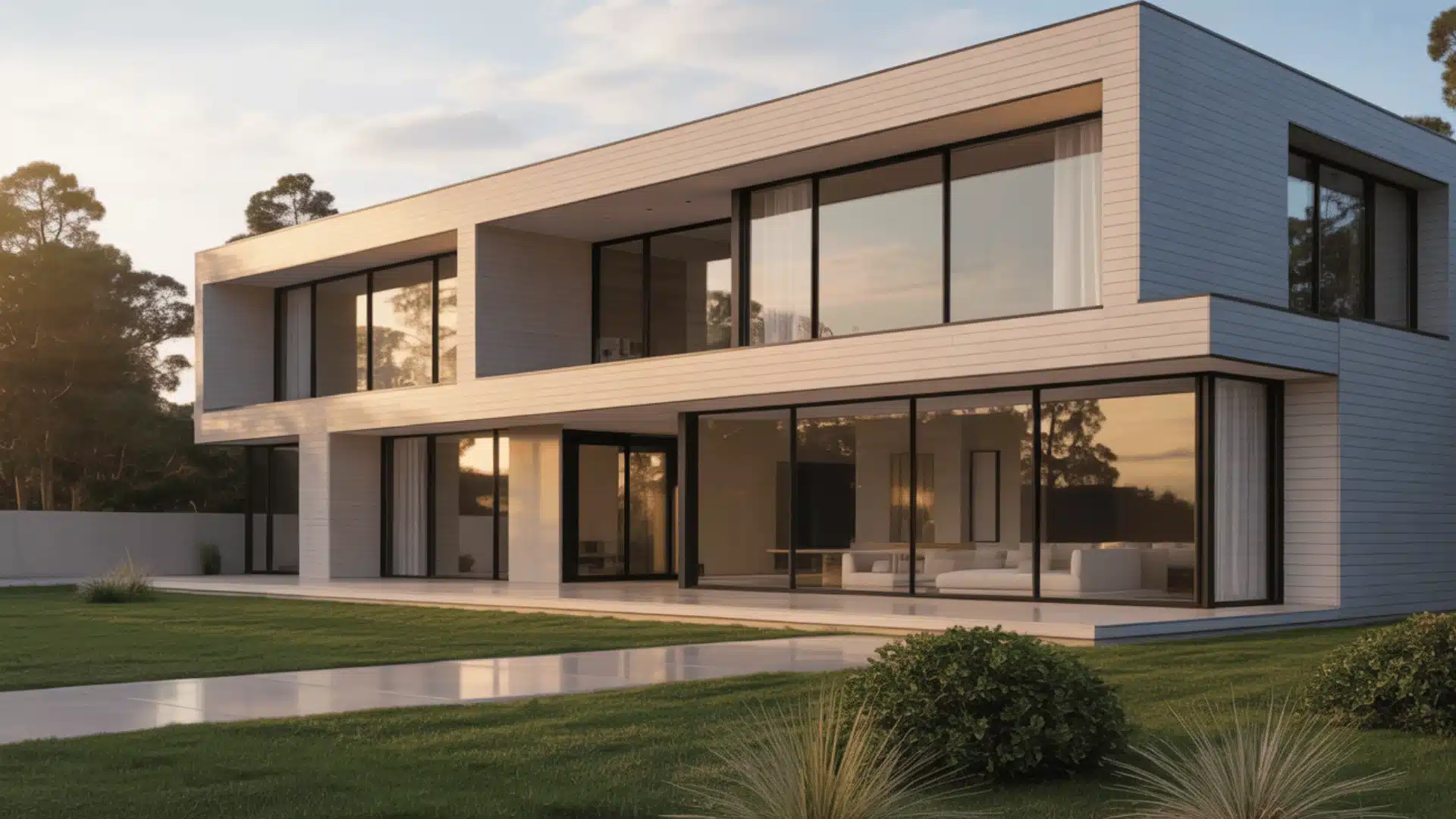 Pale gray modern house exterior with black trim and minimalist landscaping