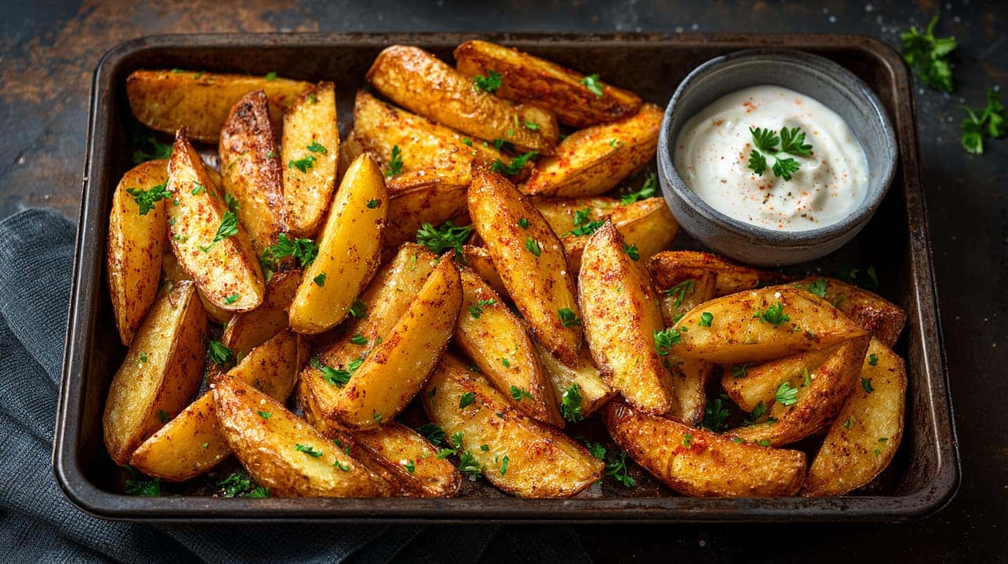 Paprika baked Yukon Gold potato wedges on a rustic tray with herbs, crisp edges, warm tones, and soft natural light.