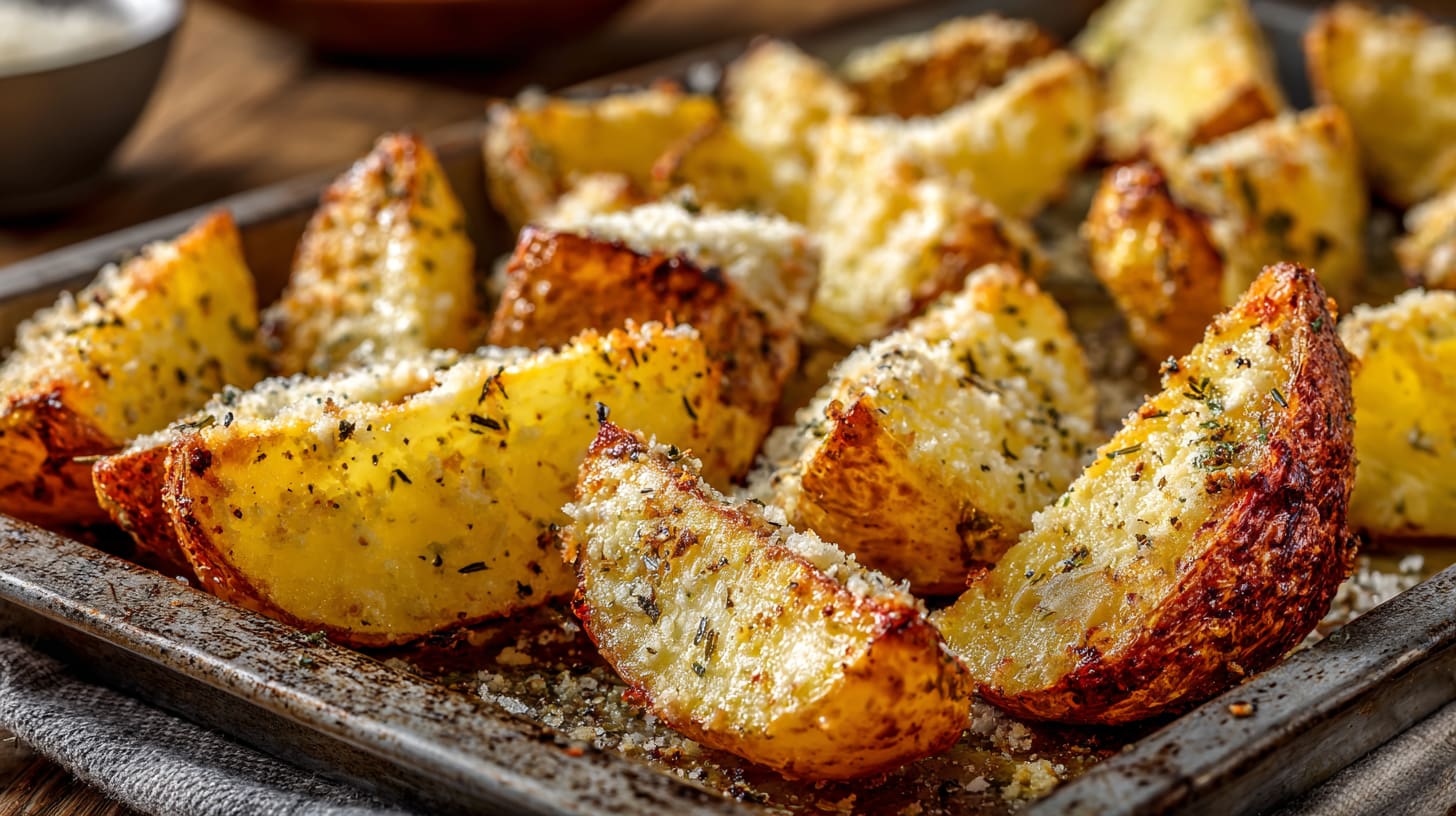 Parmesan baked Yukon Gold potatoes with crisp edges on a rustic sheet pan dish