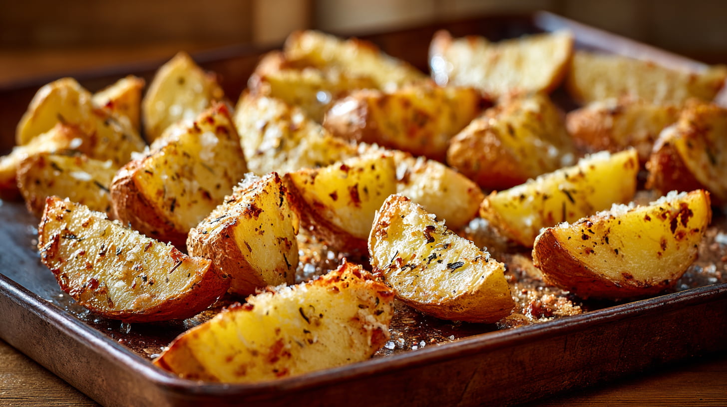 Parmesan Yukon Gold potatoes with crisp edges on a warm rustic baking tray