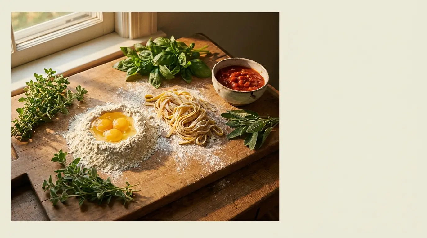 Pasta ingredients on wooden board with eggs, herbs, and tomato sauce in sunlit kitchen