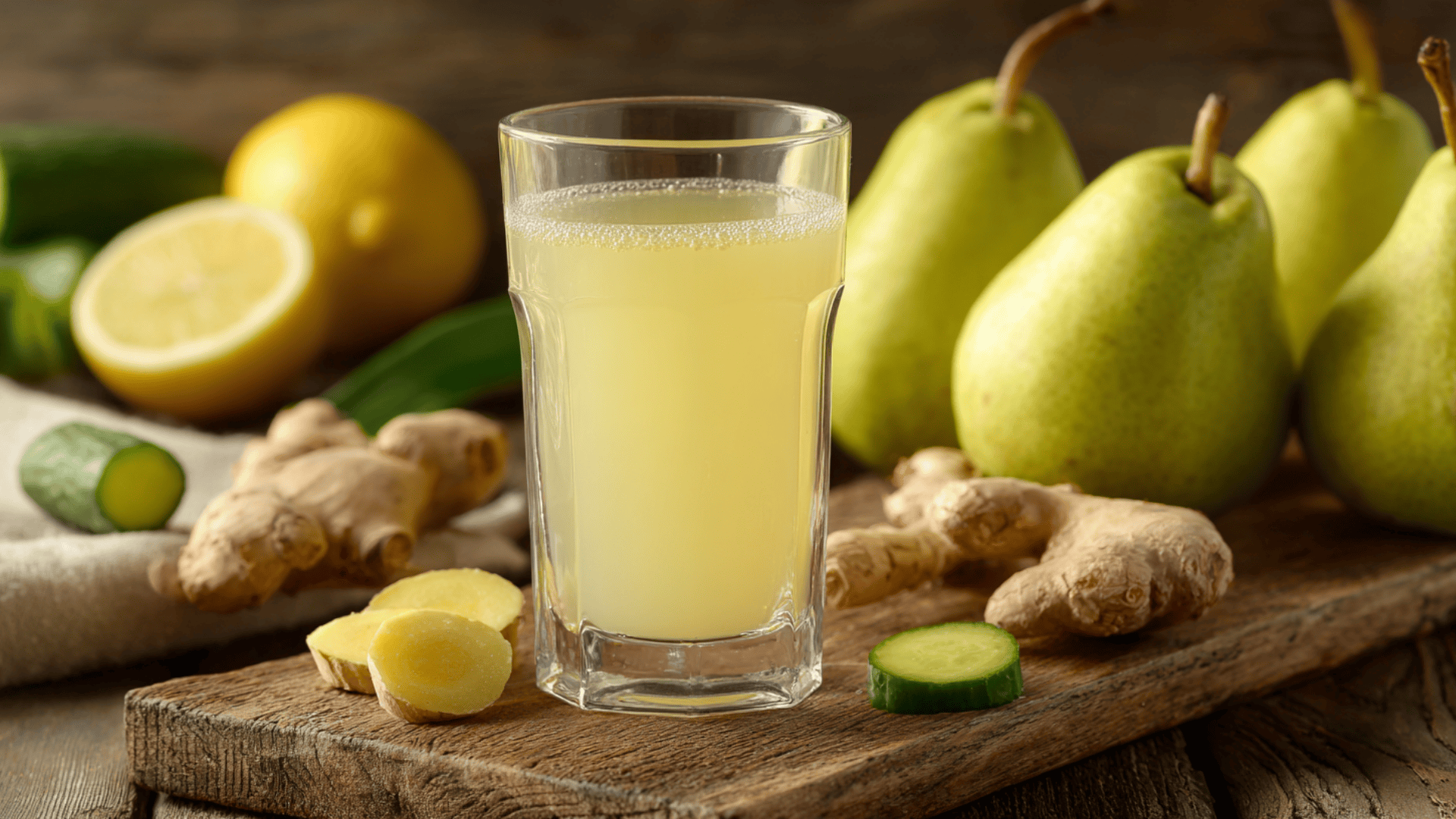 cold pressed pear ginger digestive juice with cucumber and lemon fresh cold pressed pear and ginger juice with cucumber for digestion