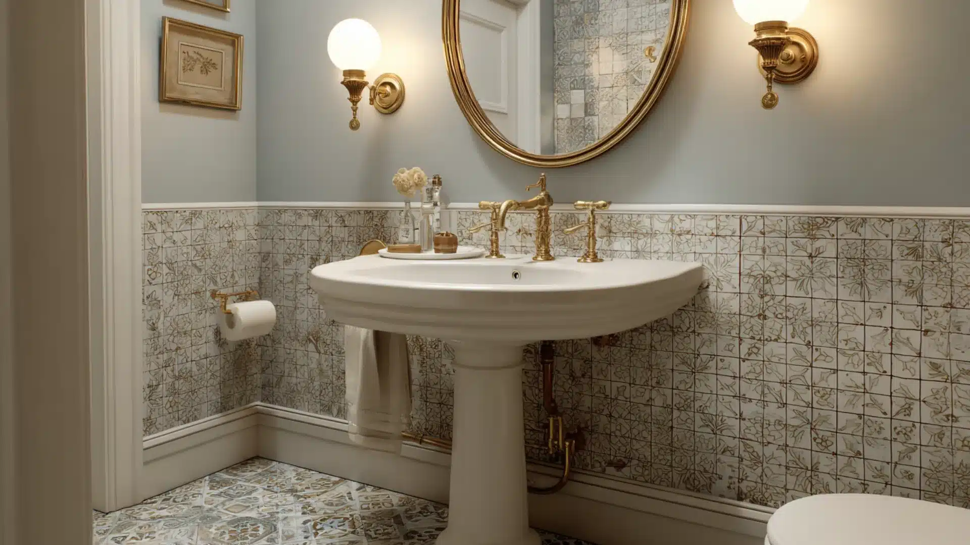 Victorian bathroom with pedestal sink, brass taps, patterned tile, and decorative mirror.