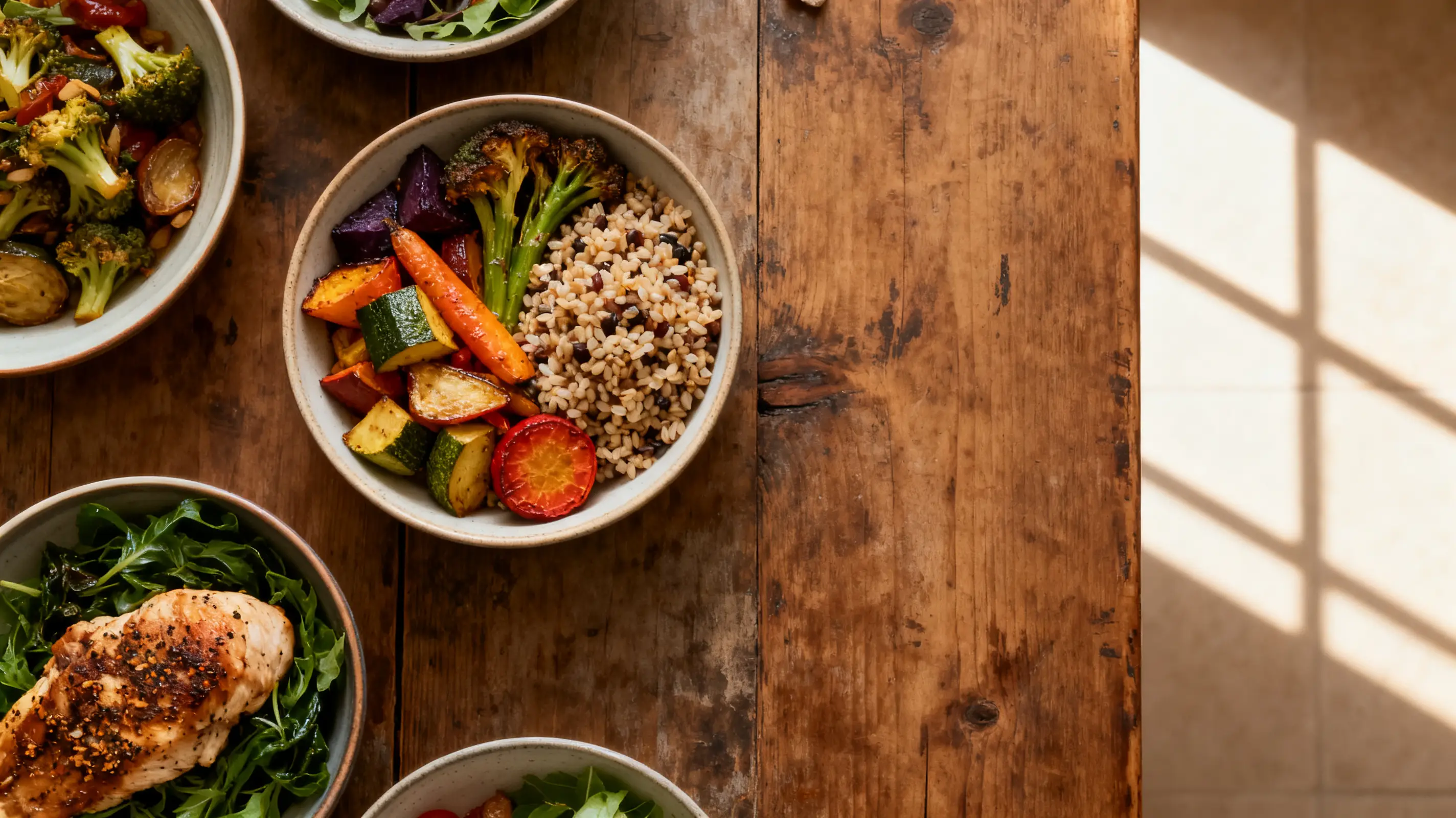 Bowls of roasted vegetables, grains, and chicken on rustic wooden table in natural light