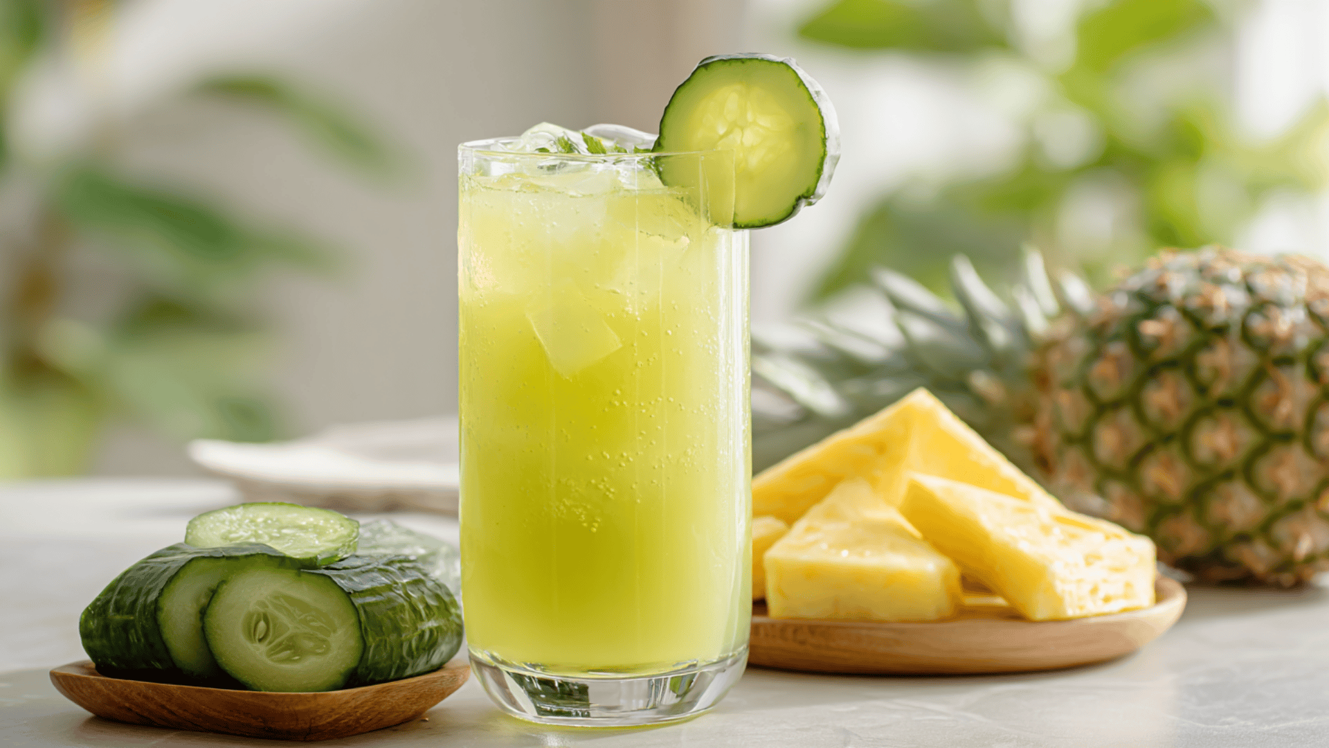 cold pressed pineapple cucumber slim juice served cold over ice fresh cold pressed pineapple and cucumber juice with lemon over ice