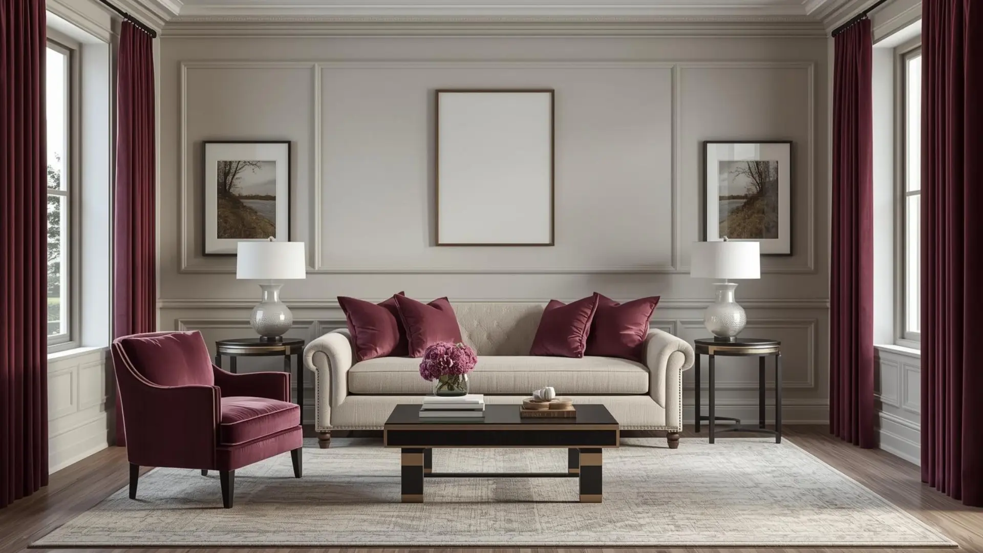 Modern Victorian room with plum and burgundy accents, neutral base, velvet textiles, and styled decor on side tables indoors.