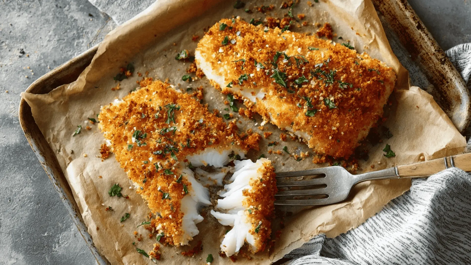 crispy baked breaded fish fillets on a tray with herbs