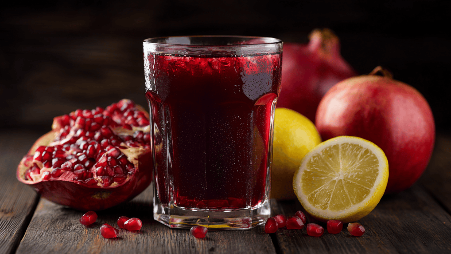 cold pressed pomegranate apple antioxidant juice with ruby red color in a glass