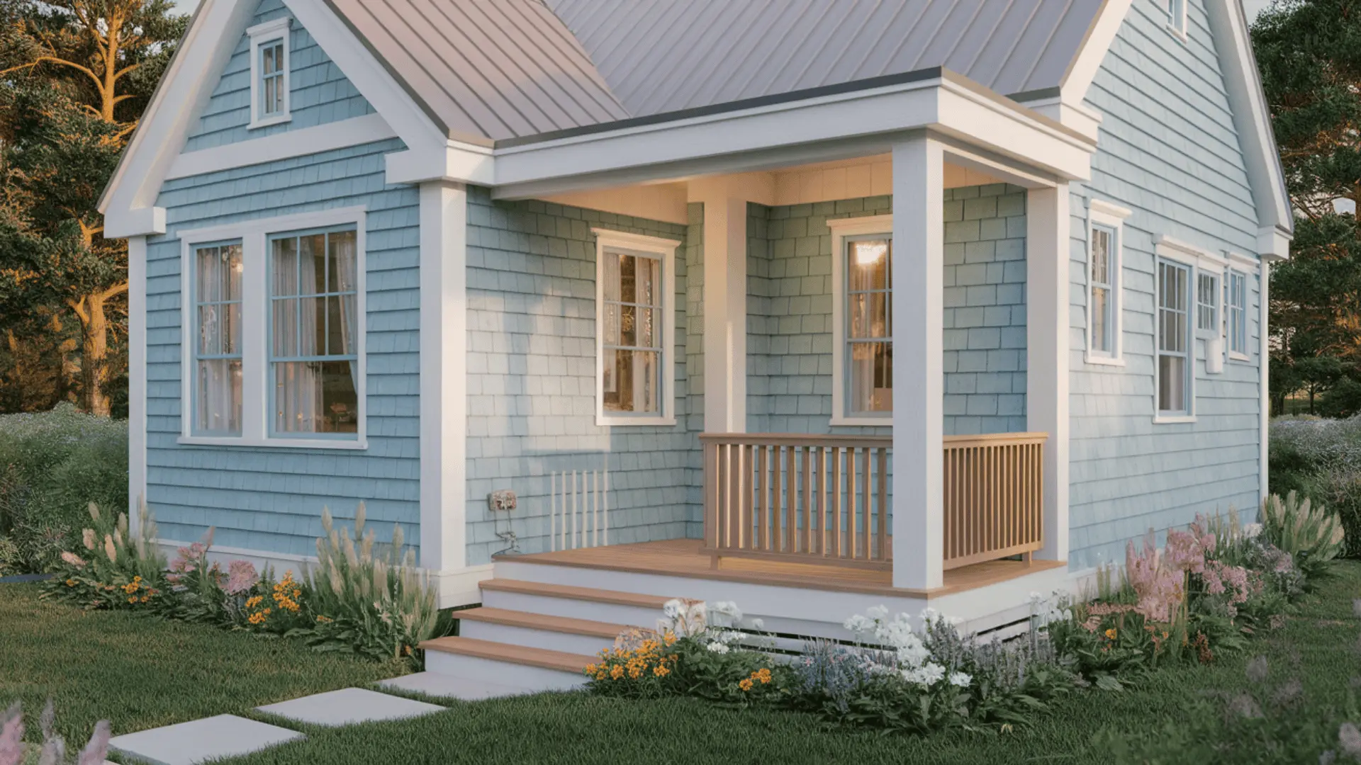 Powder blue cottage-style house exterior with white trim and front porch