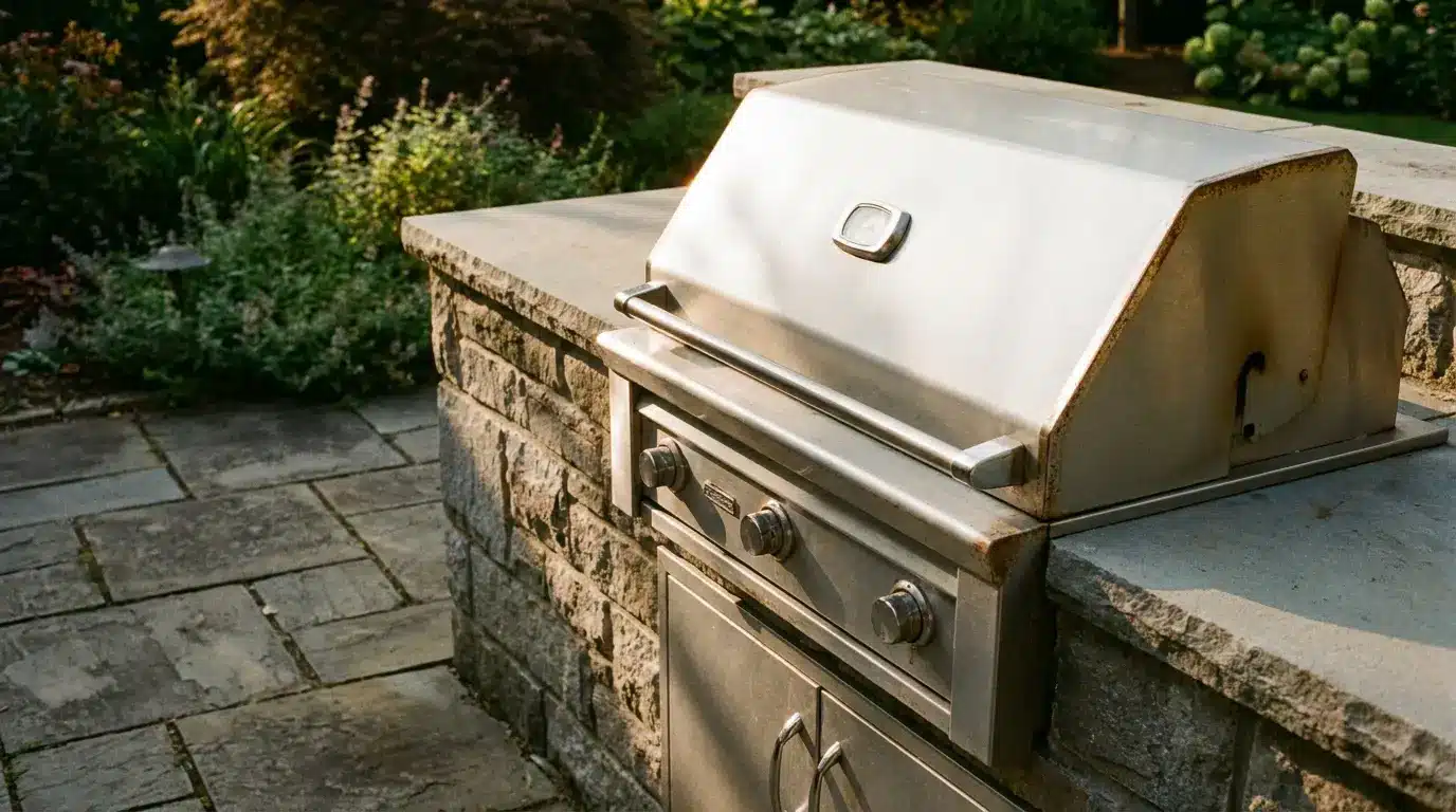 Stainless steel outdoor grill on stone patio with lush garden background