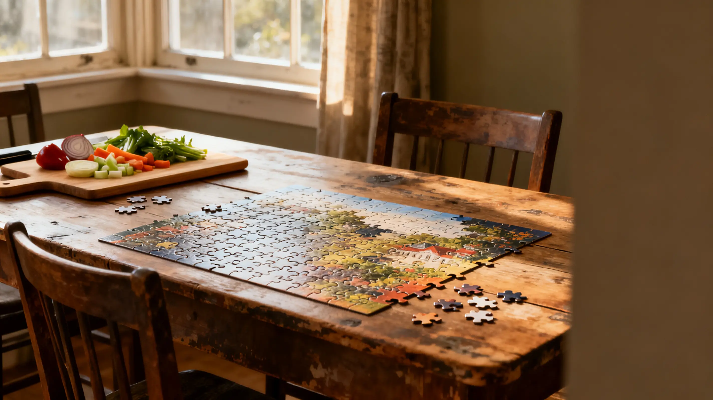 Partially completed puzzle and chopped vegetables on rustic wooden table in sunlit room