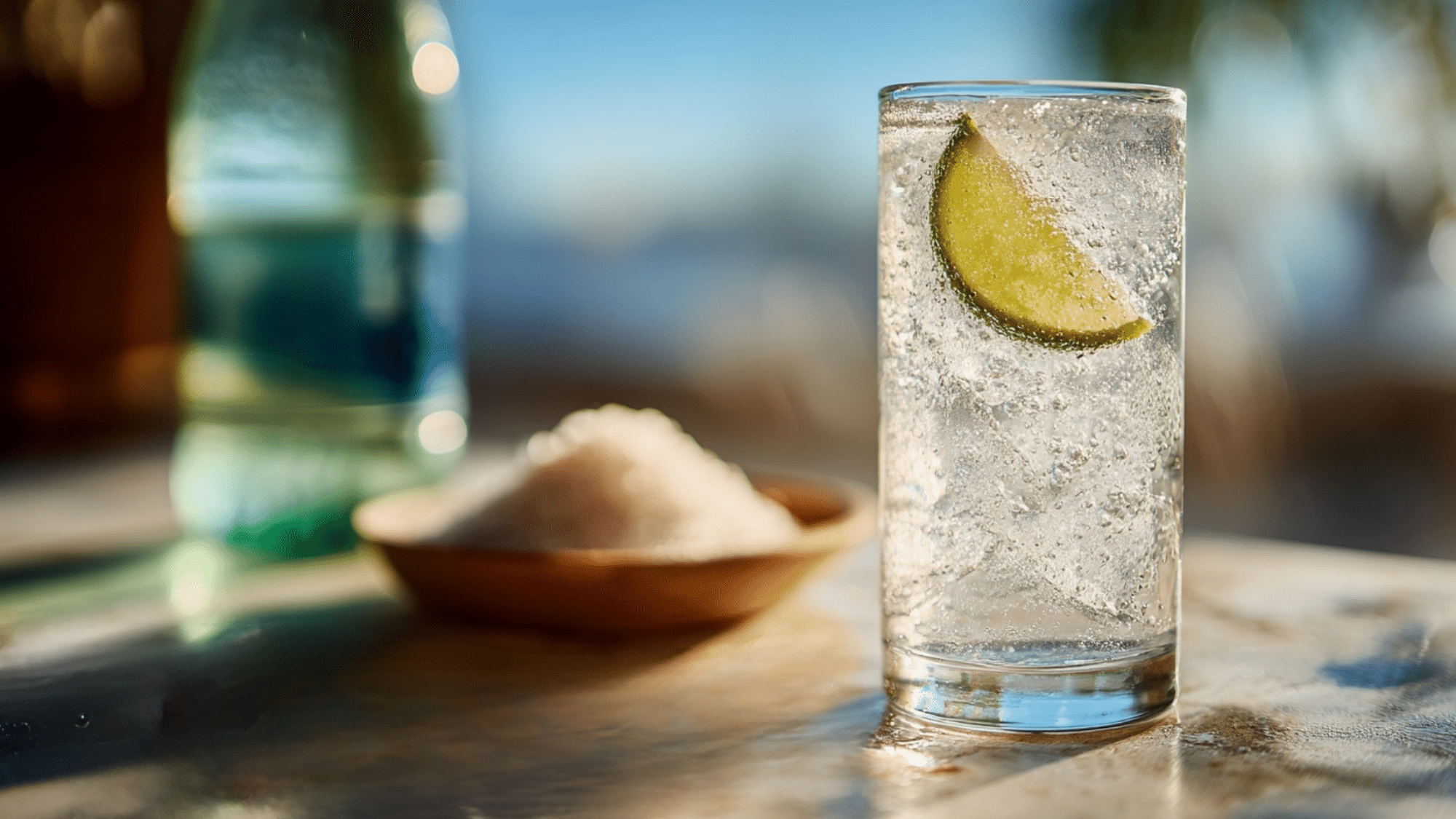 ranch water cocktail with tequila, lime juice, and sparkling mineral water in a glass
