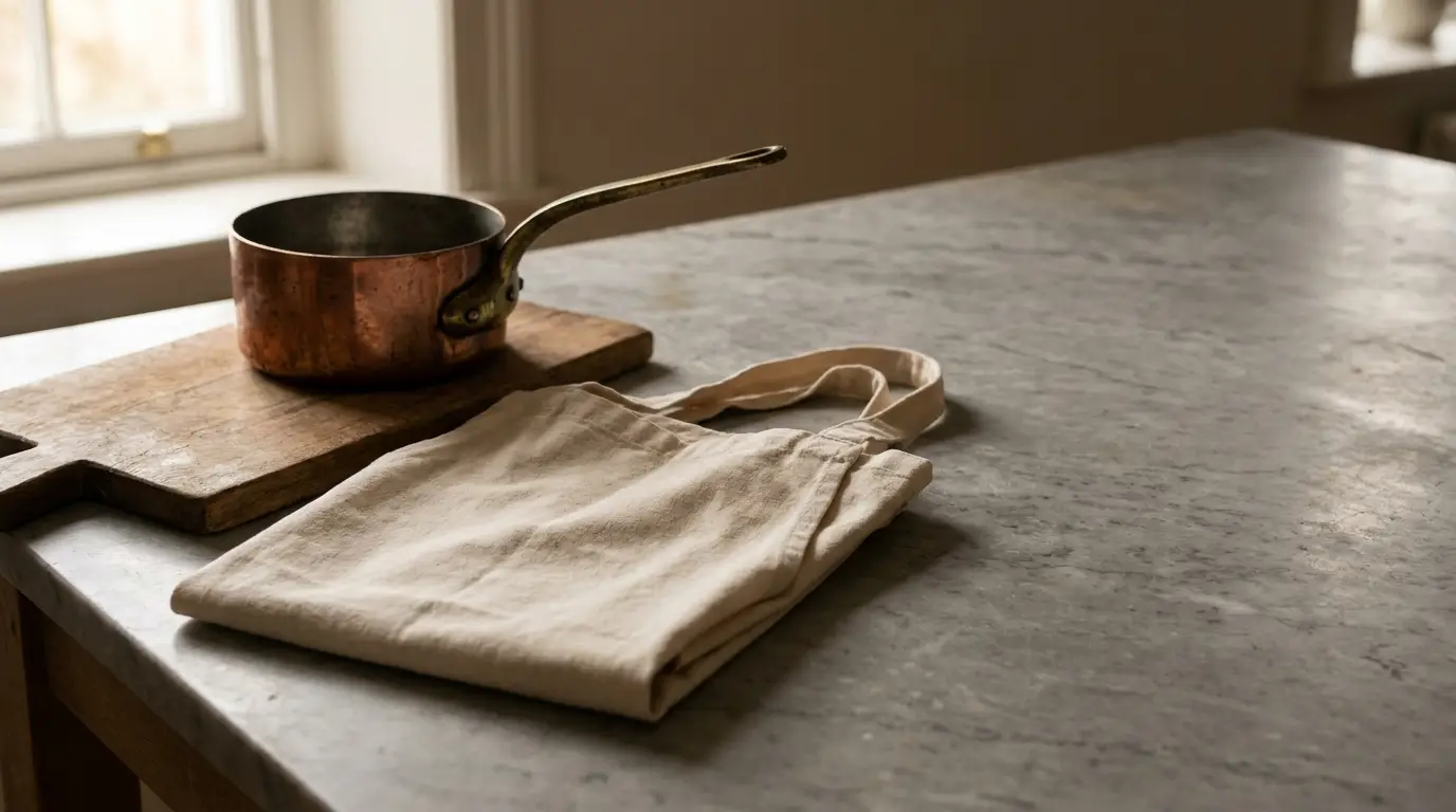 Copper saucepan on wooden cutting board with canvas bag on marble countertop in soft natural light