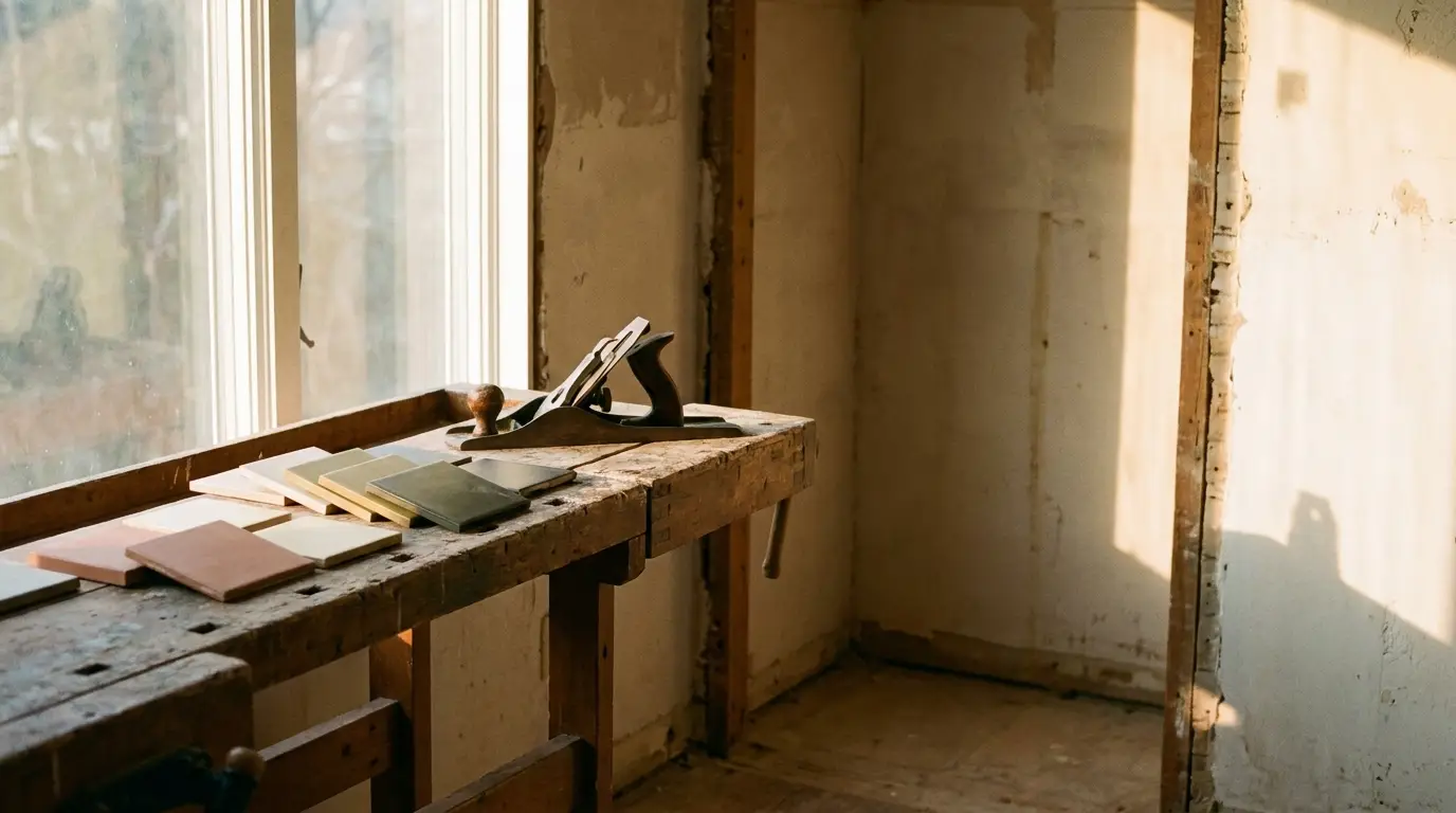 Workbench with wood plane and color swatches in sunlit room under renovation